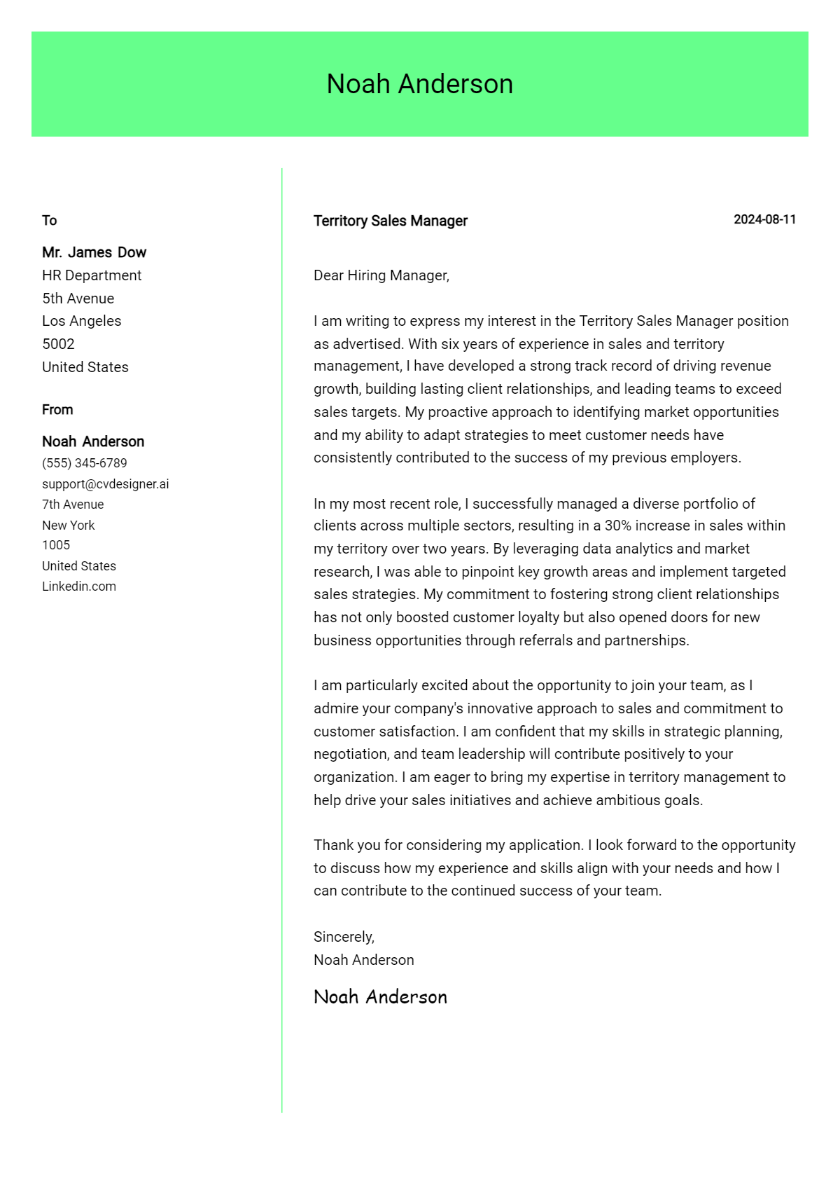 Territory Sales Manager Cover Letter Example for 2026: Free Templates Preview
