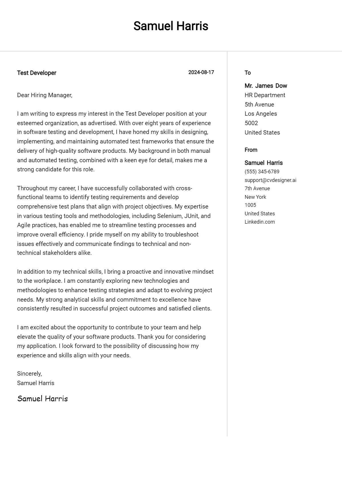 10 Test Developer Cover Letter Examples for 2026 (Free Templates) Preview