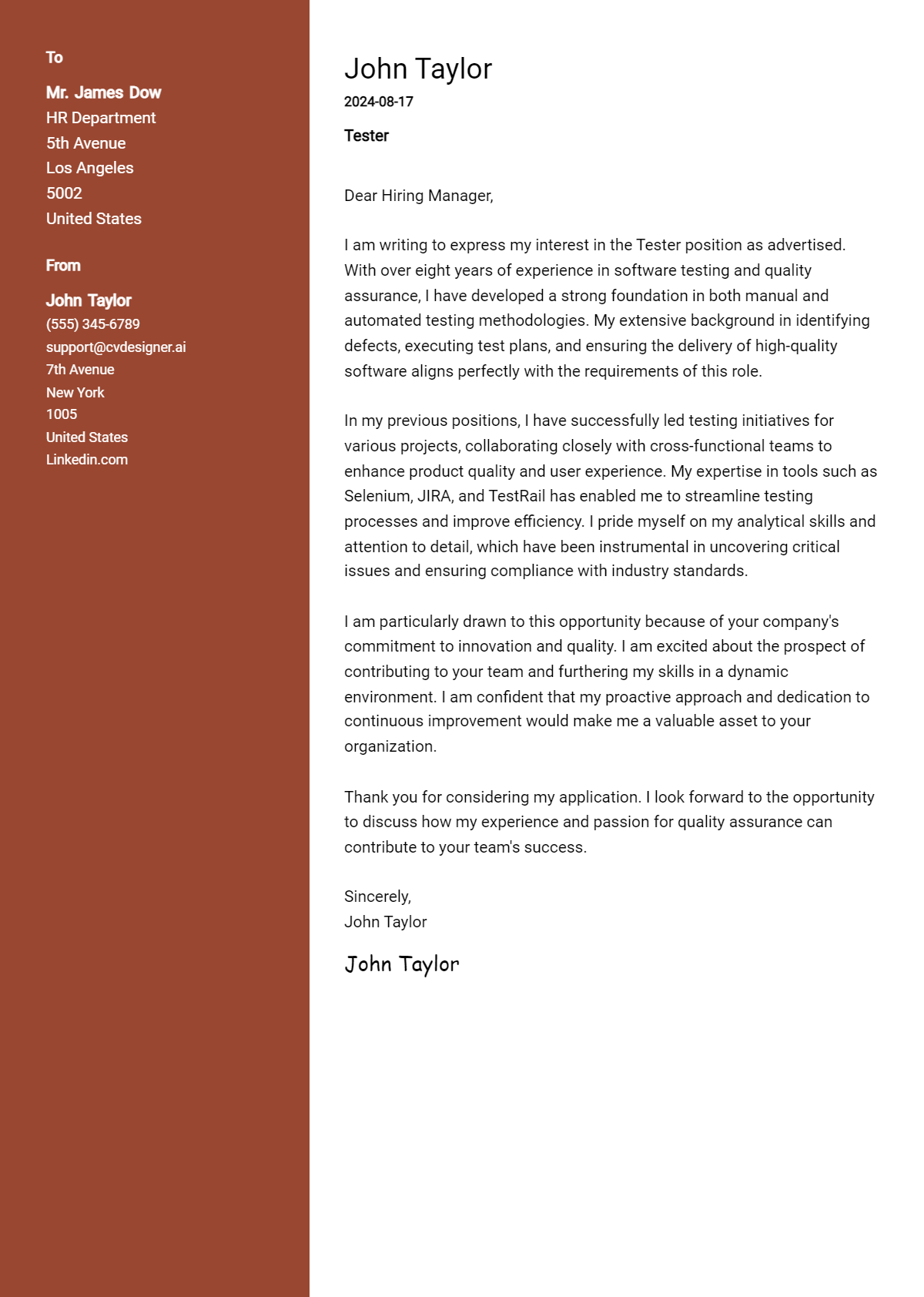 Tester Cover Letter Example for 2026 (Complete Writing Guide) Preview