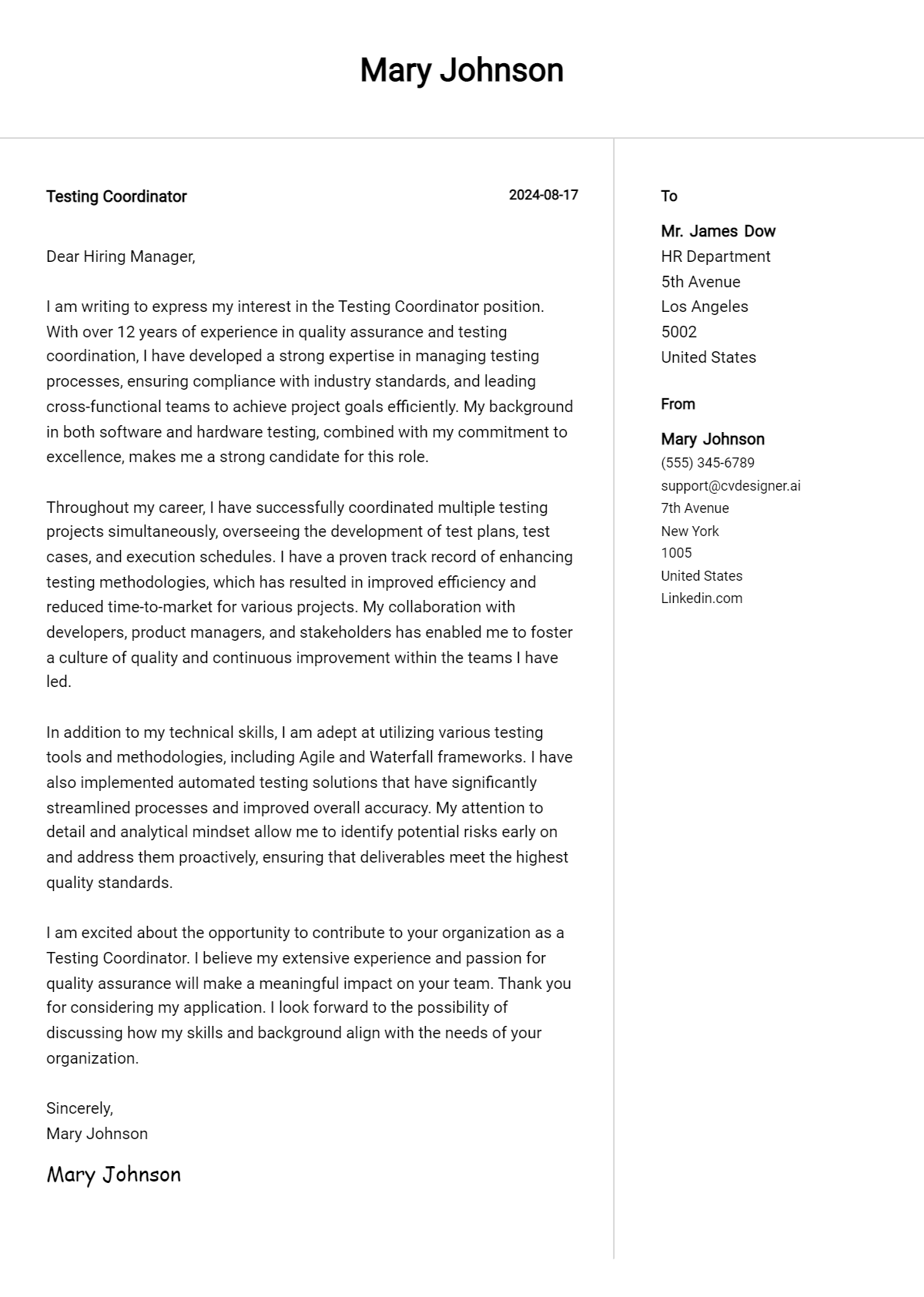 Testing Coordinator Cover Letter Example for 2026 (Download Templates) Preview