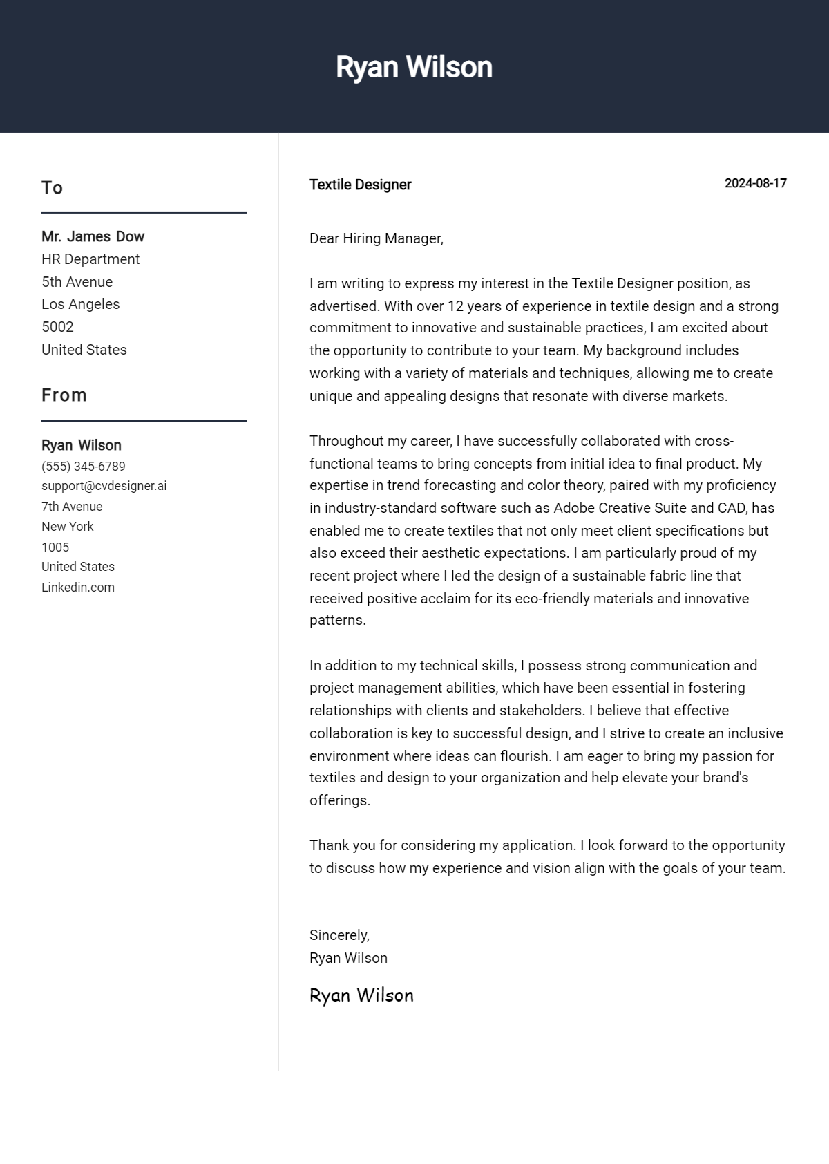 Textile Designer Cover Letter Examples and Templates for 2026 Preview