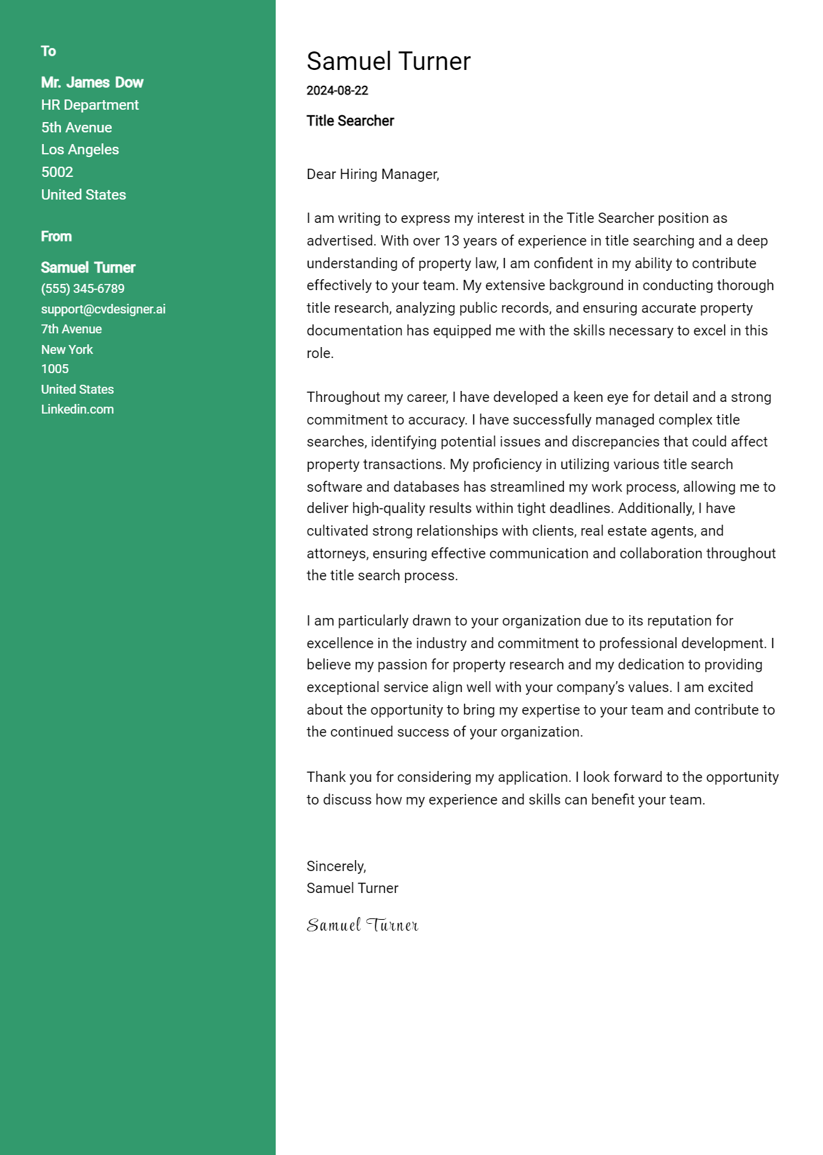 Title Searcher Cover Letter Example for 2026 (Writing Guide) Preview