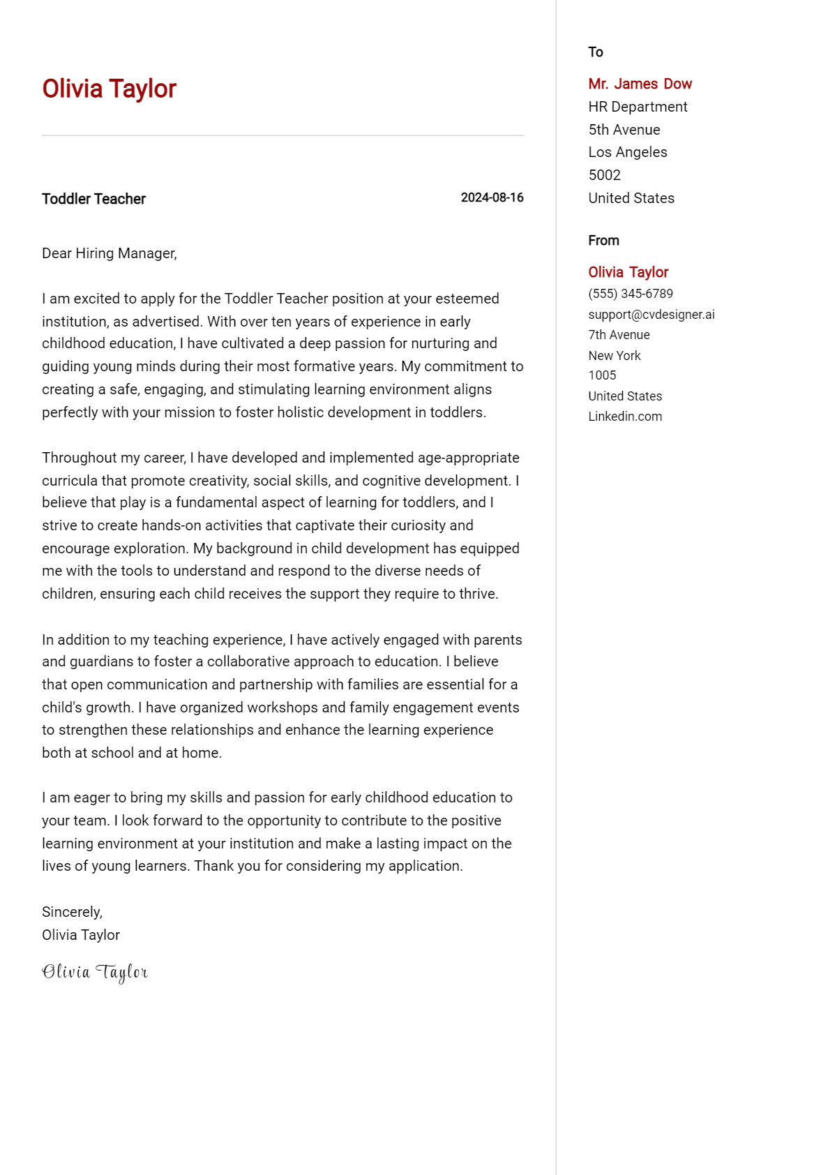Toddler Teacher Cover Letter Example for 2026 (Download Templates) Preview