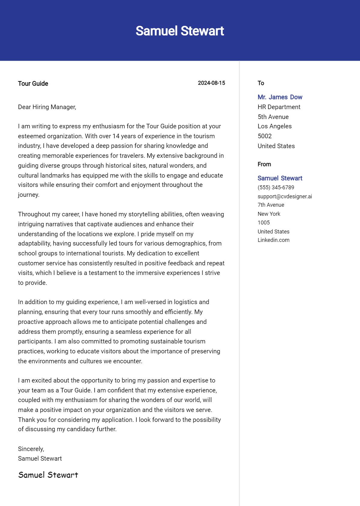 Tour Guide Cover Letter Example for 2026 (Download Templates) Preview
