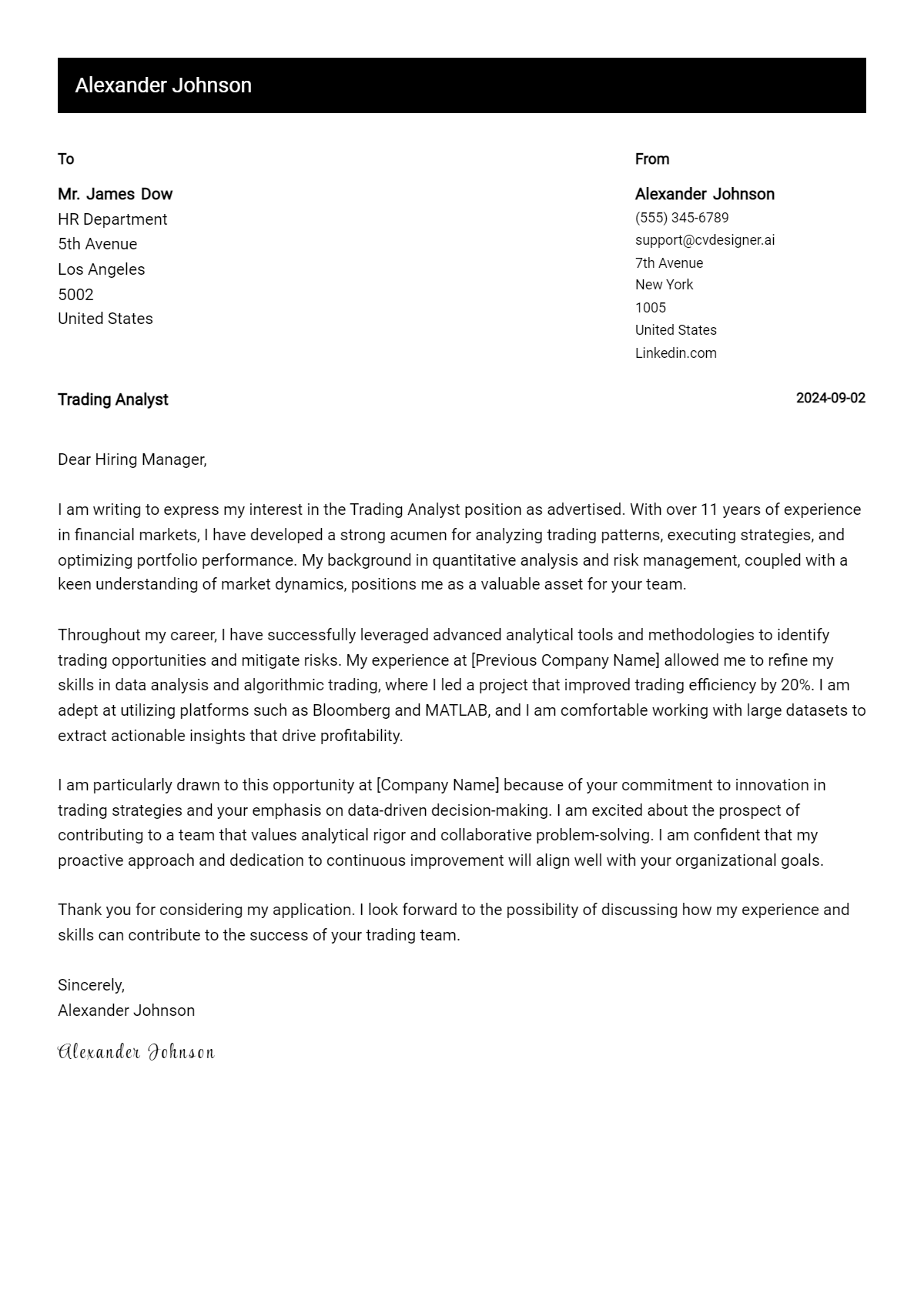 Trading Analyst Cover Letter Samples & Examples 2026 Preview