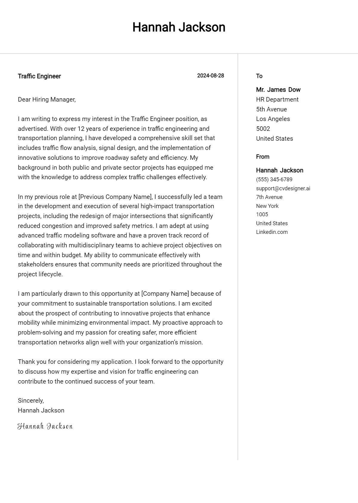 Traffic Engineer Cover Letter Examples & Samples for 2026 Preview