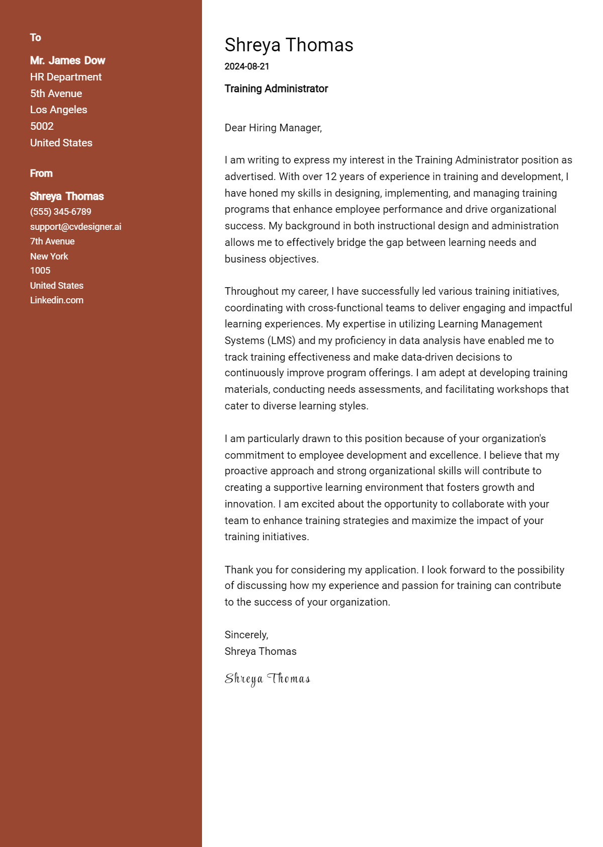 Training Administrator Cover Letter Example for 2026 (Free Templates) Preview