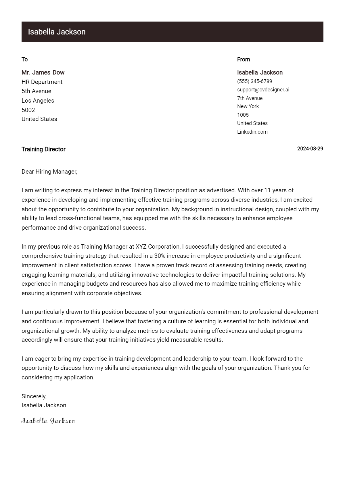 Training Director Cover Letter Examples & Samples for 2026 Preview