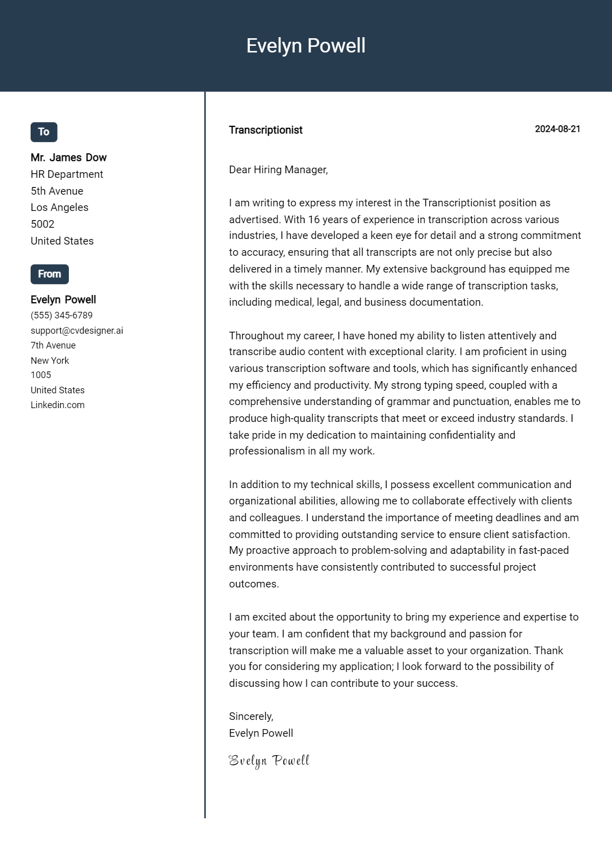 Transcriptionist Cover Letter Example for 2026 (Complete Writing Guide) Preview