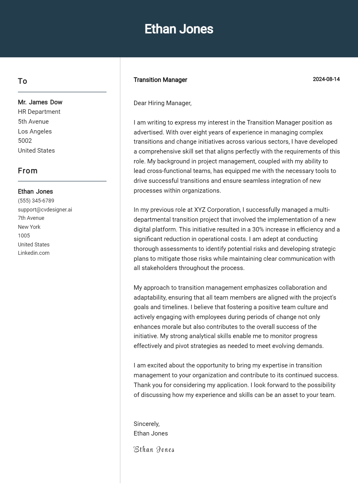 Transition Manager Cover Letter Example for 2026: Proven Tips Preview