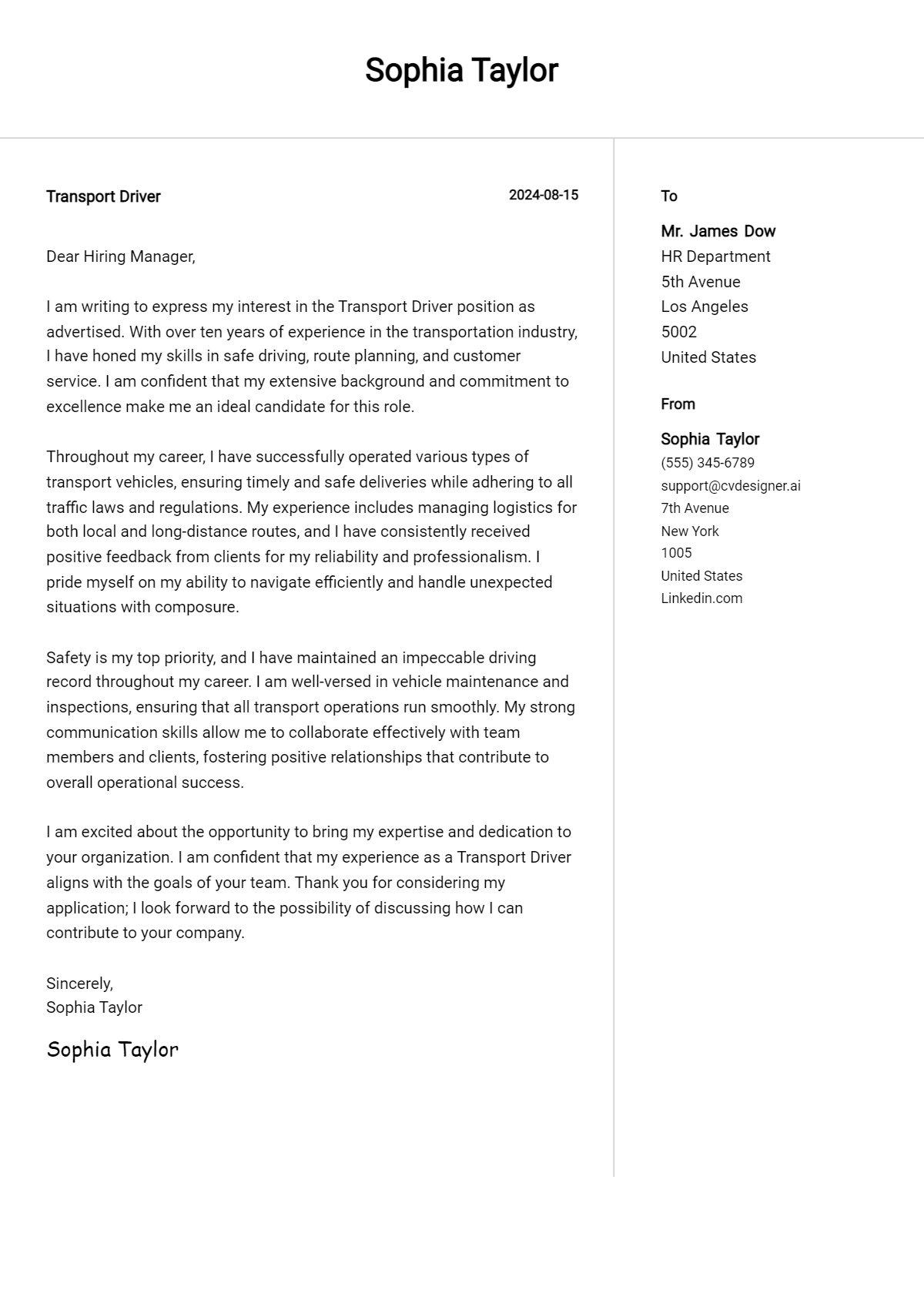 Transport Driver Cover Letter Examples & Samples for 2026 Preview