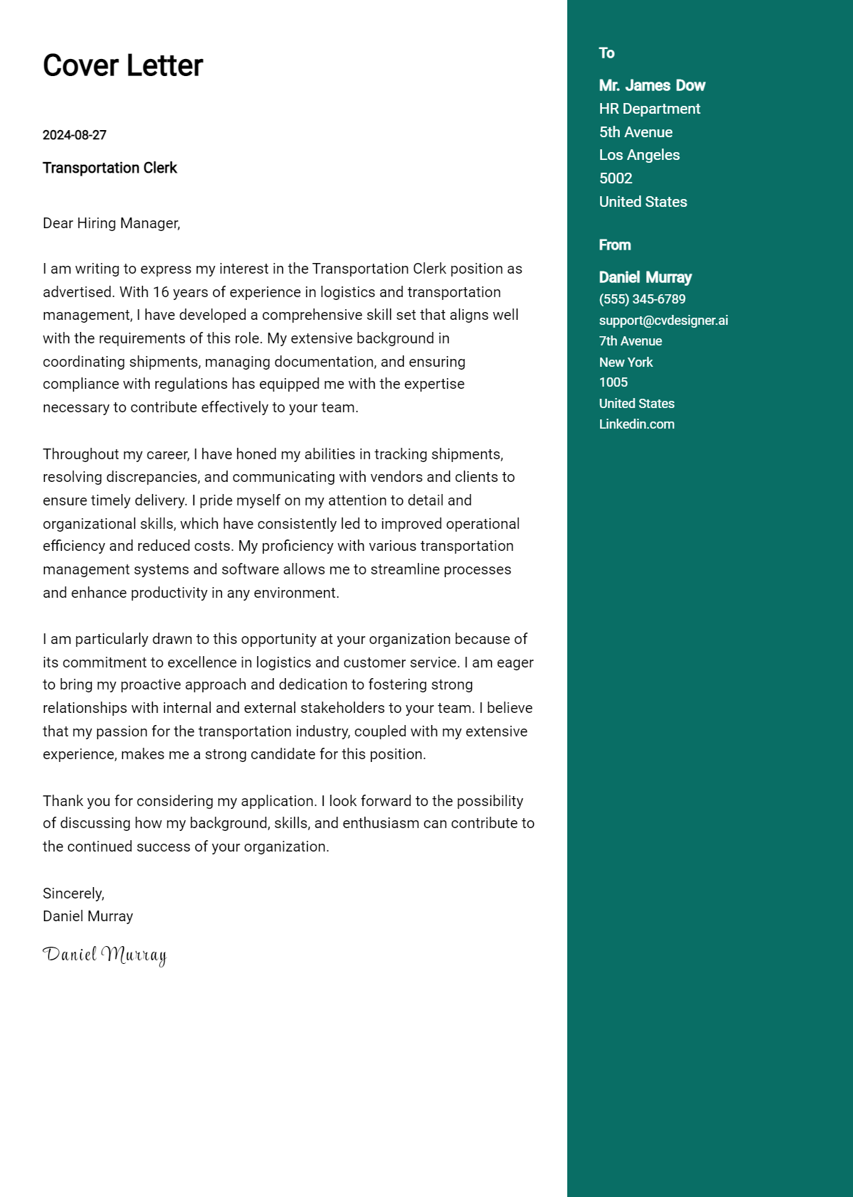 Transportation Clerk Cover Letter Examples with Writing Tips for 2026 Preview