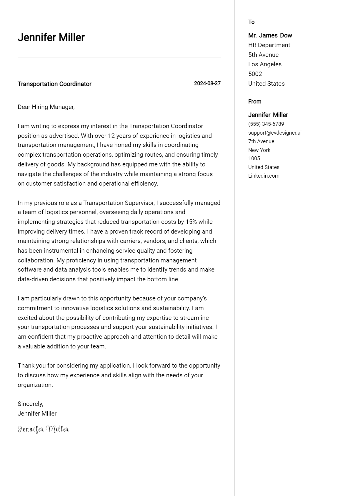 Transportation Coordinator Cover Letter Example for 2026: Ultimate Guide Preview