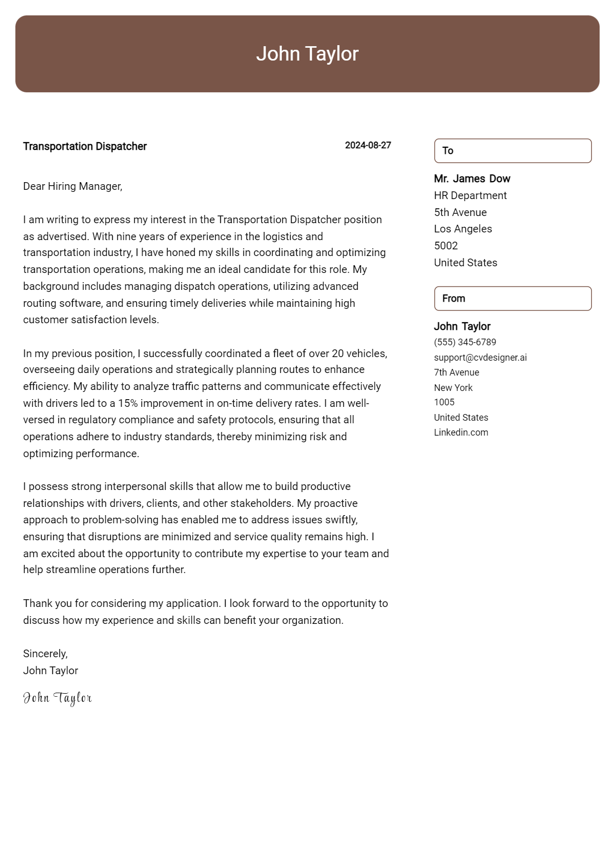 Transportation Dispatcher Cover Letter Example for 2026 (Free Templates) Preview