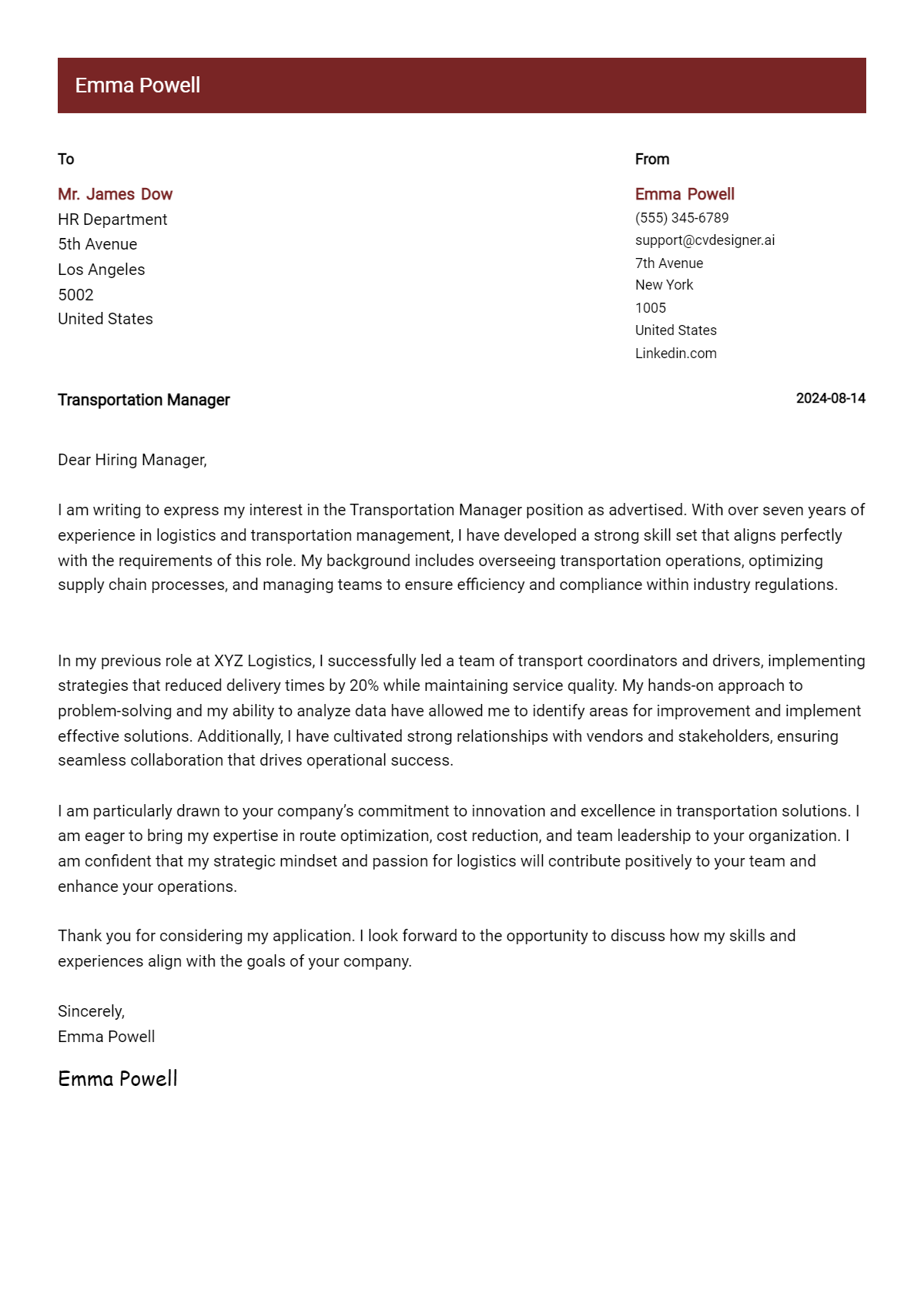 Transportation manager Cover Letter Example for 2026 (Free Templates) Preview