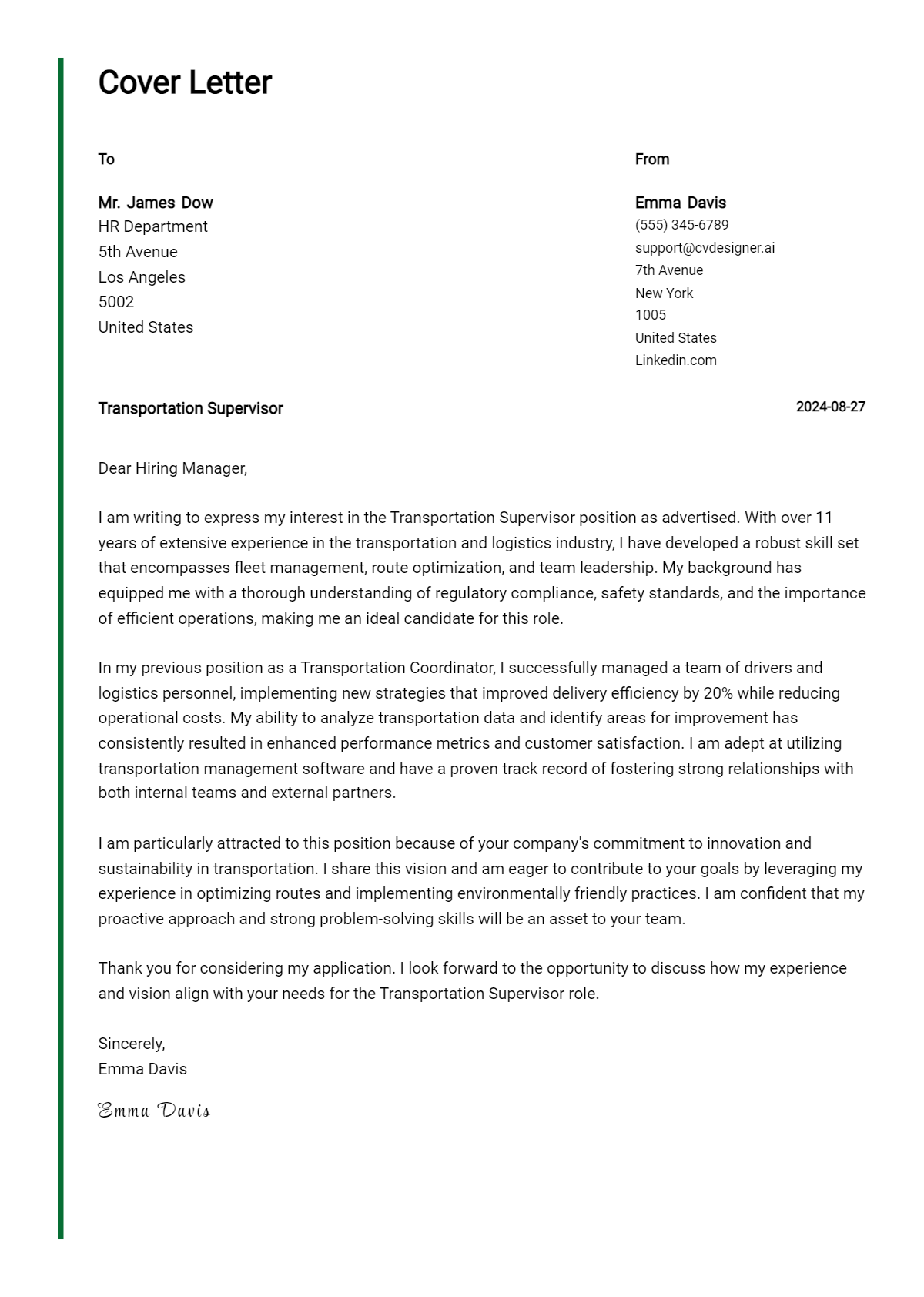 Transportation Supervisor Cover Letter Examples for 2026 (Downloadable) Preview
