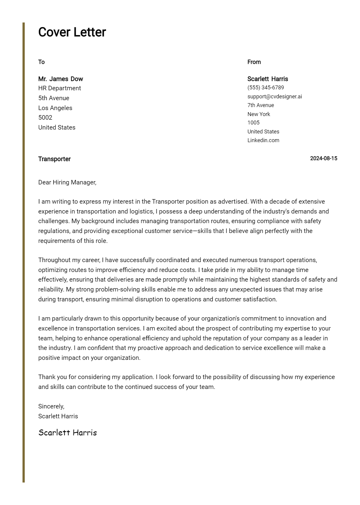 Transporter Cover Letter Examples for 2026 (Downloadable) Preview