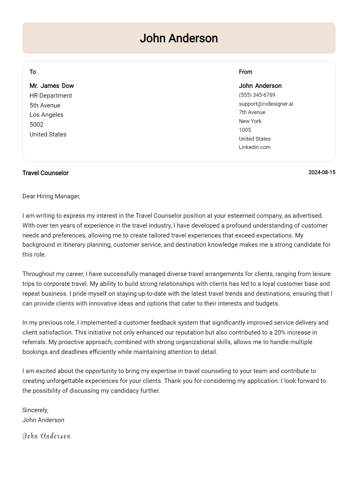 Travel Counselor Cover Letter Examples and Templates for 2026 Preview