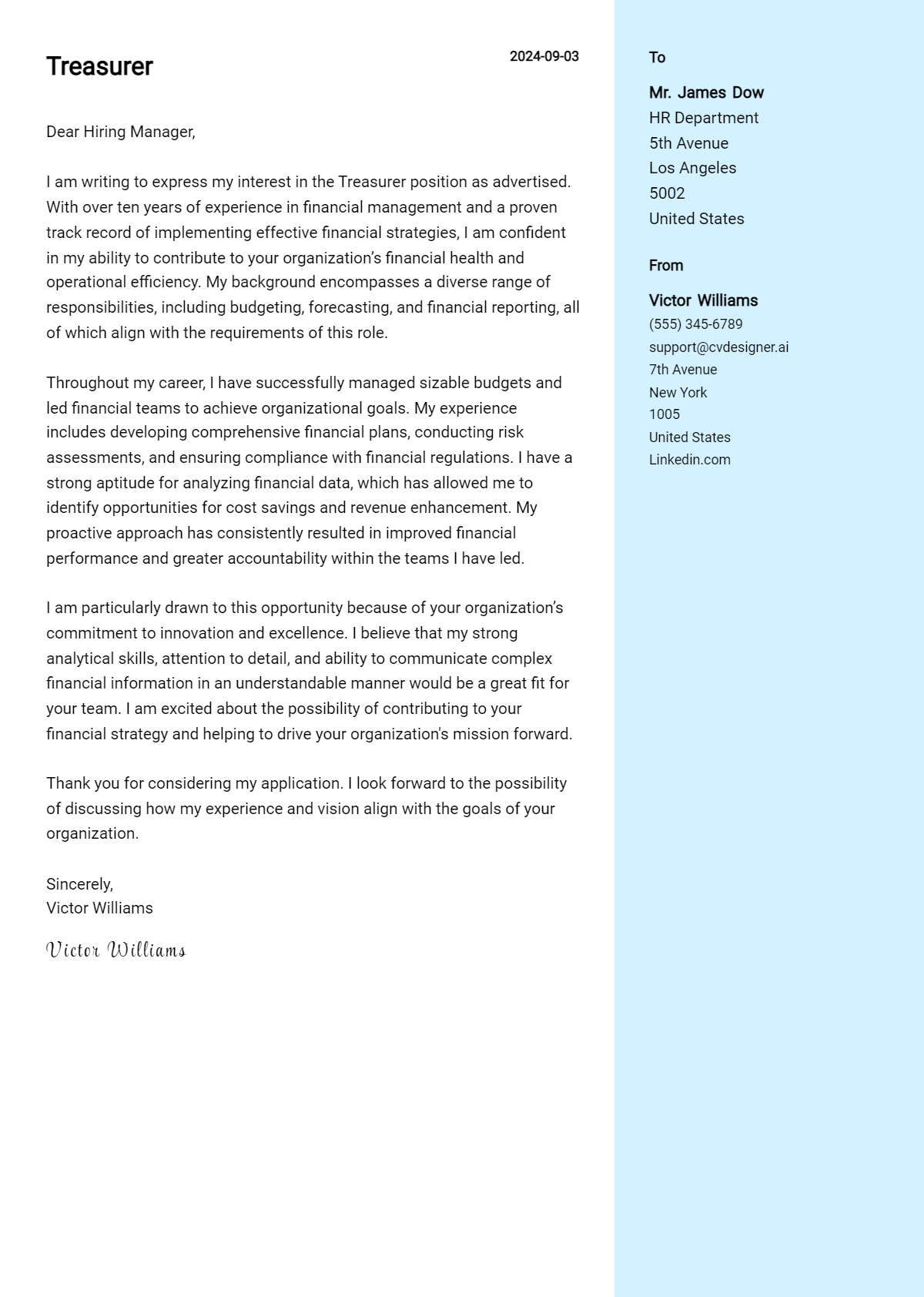 Treasurer Cover Letter Example for 2026 (Download Templates) Preview