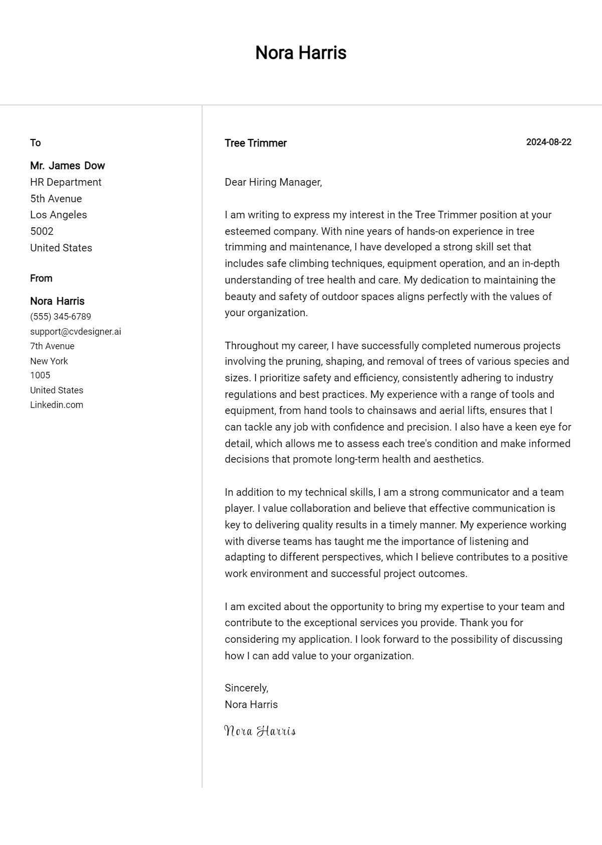 Tree Trimmer Cover Letter Example for 2026 (Download Templates) Preview