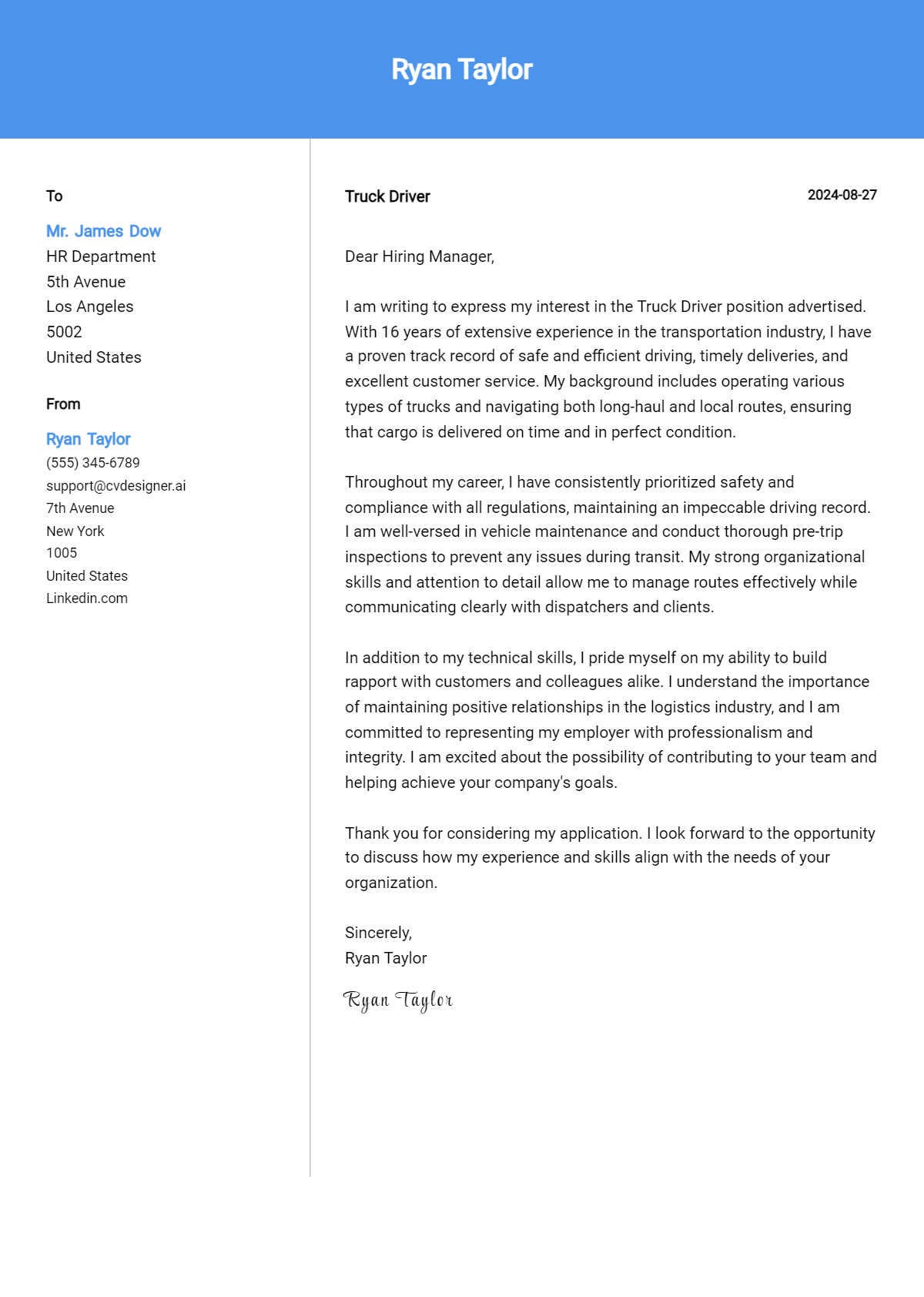 Truck Driver Cover Letter Example for 2026 (Download Templates) Preview