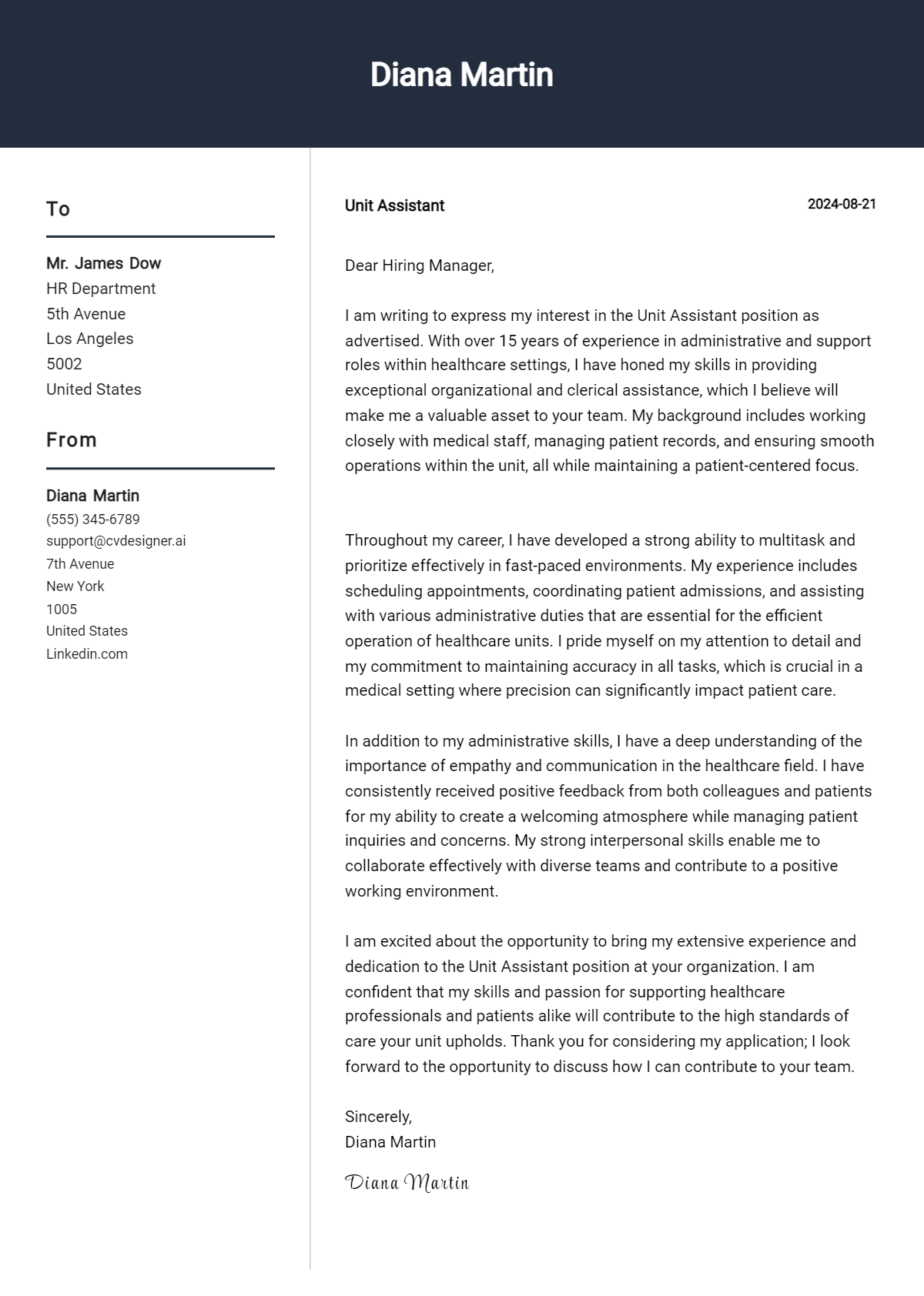 Unit Assistant Cover Letter Example for 2026: Tips & Templates Preview