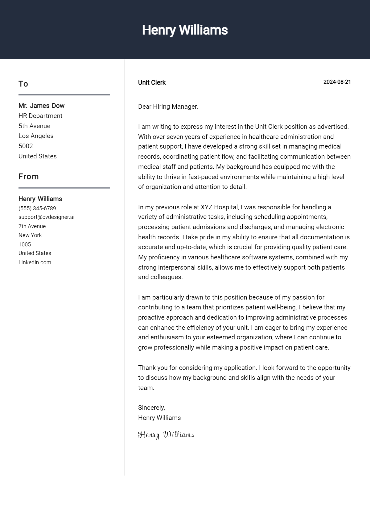 Unit Clerk Cover Letter Example for 2026 (Free Templates) Preview