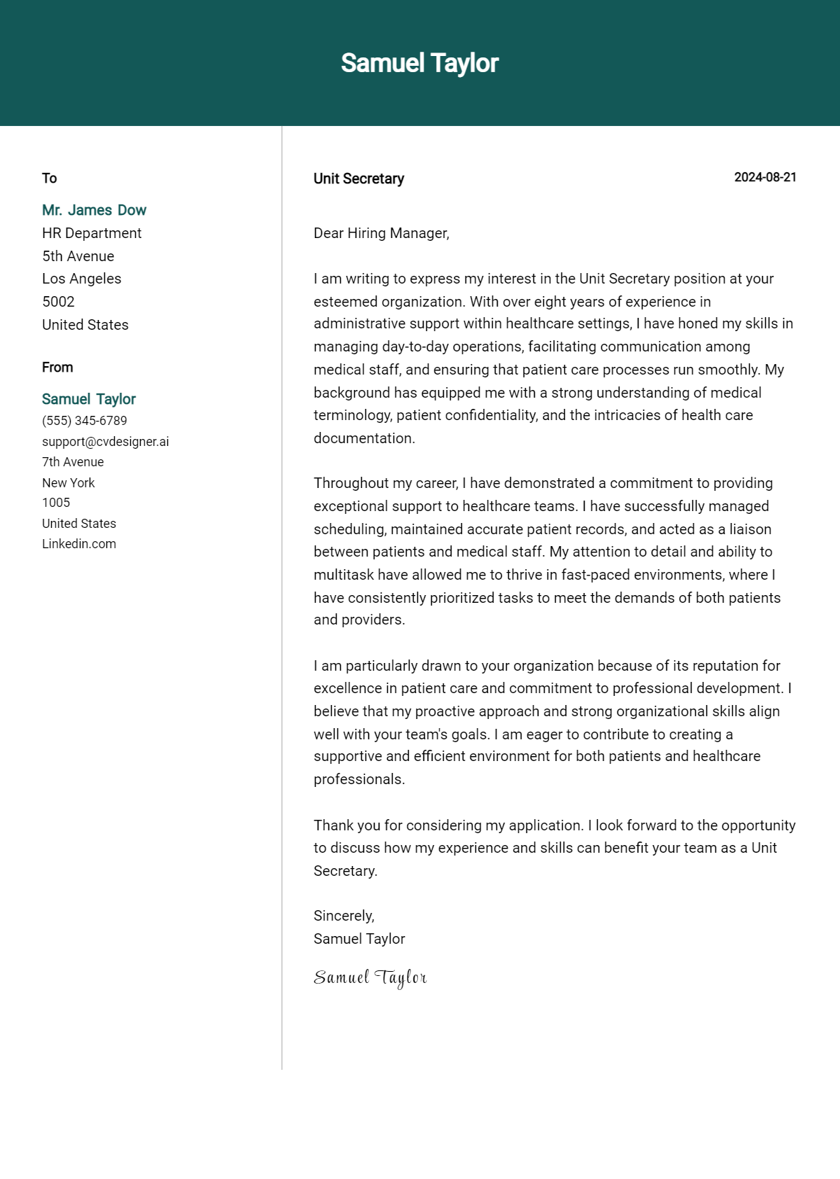 Unit Secretary Cover Letter Examples for 2026 (Downloadable) Preview