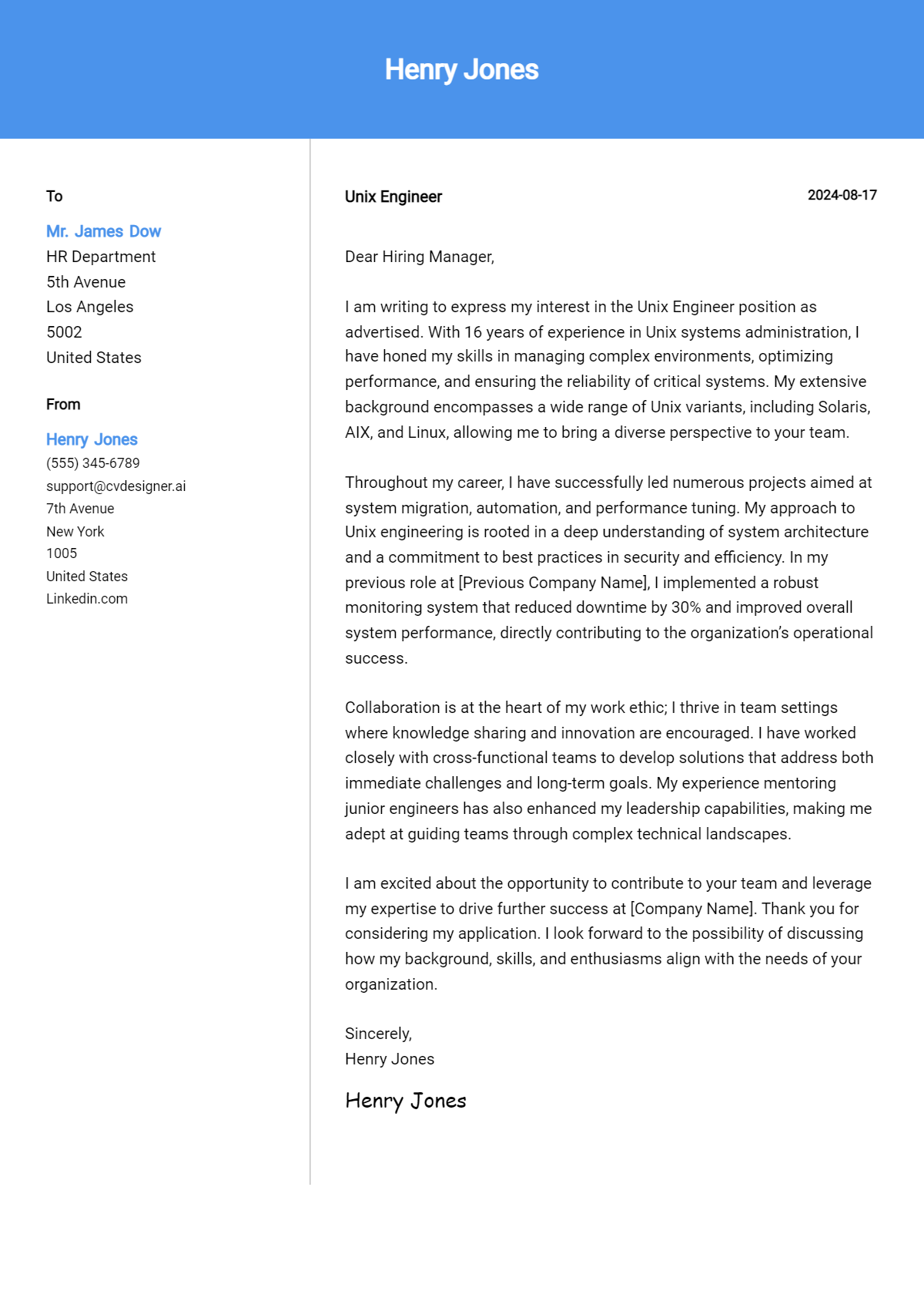 Unix Engineer Cover Letter Example for 2026: Proven Tips Preview