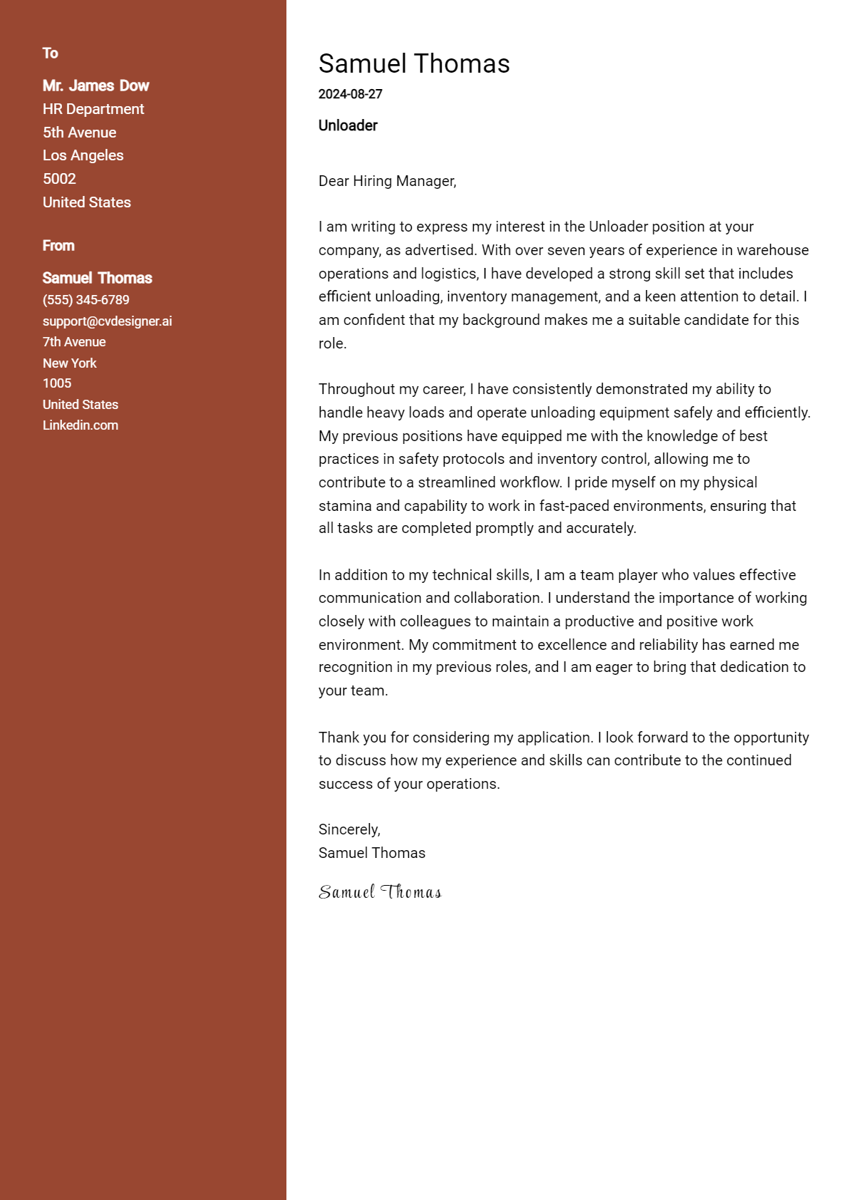 Unloader Cover Letter Example for 2026 (Complete Writing Guide) Preview