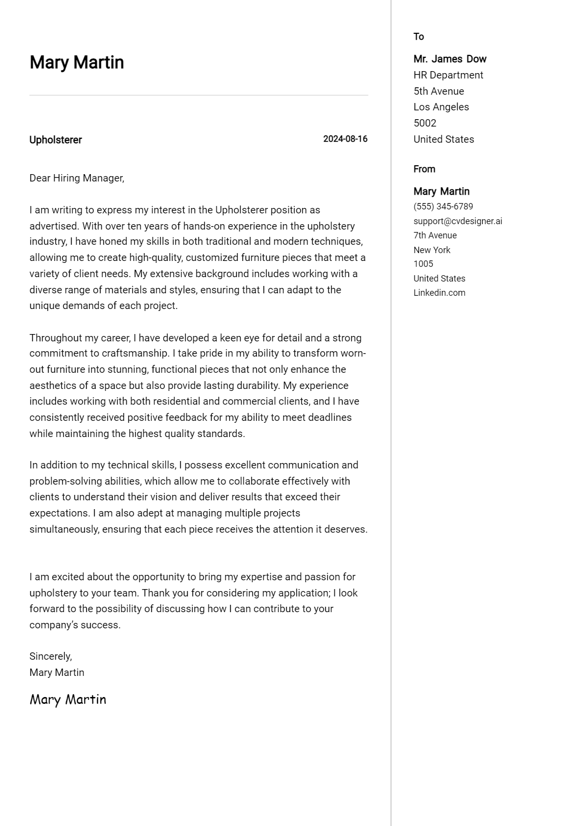 Upholsterer Cover Letter Example for 2026 (Writing Guide) Preview