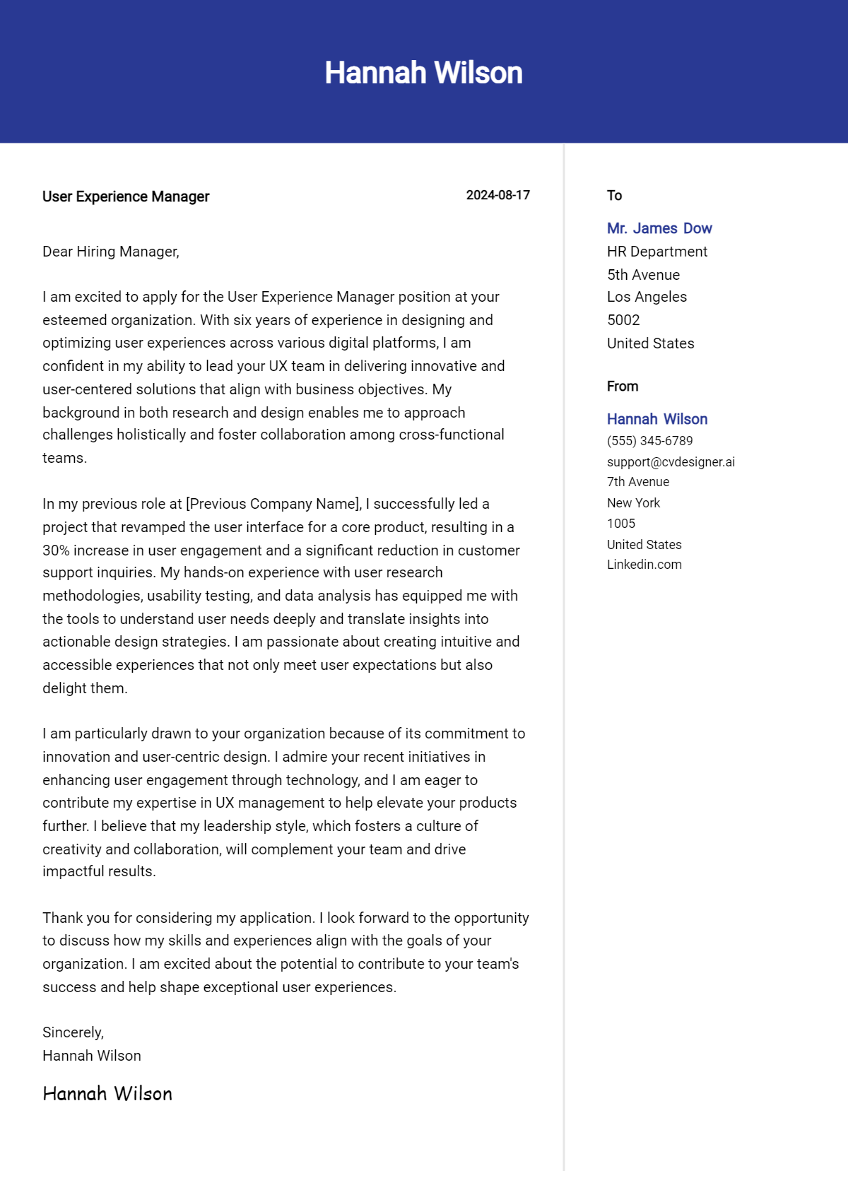 User Experience Manager Cover Letter Example for 2026 (Download Templates) Preview