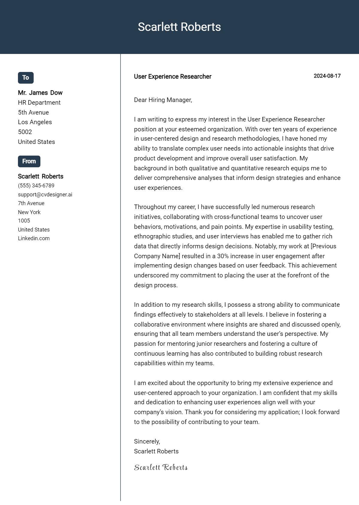 User Experience Researcher Cover Letter Example for 2026: Expert Tips & Templates Preview