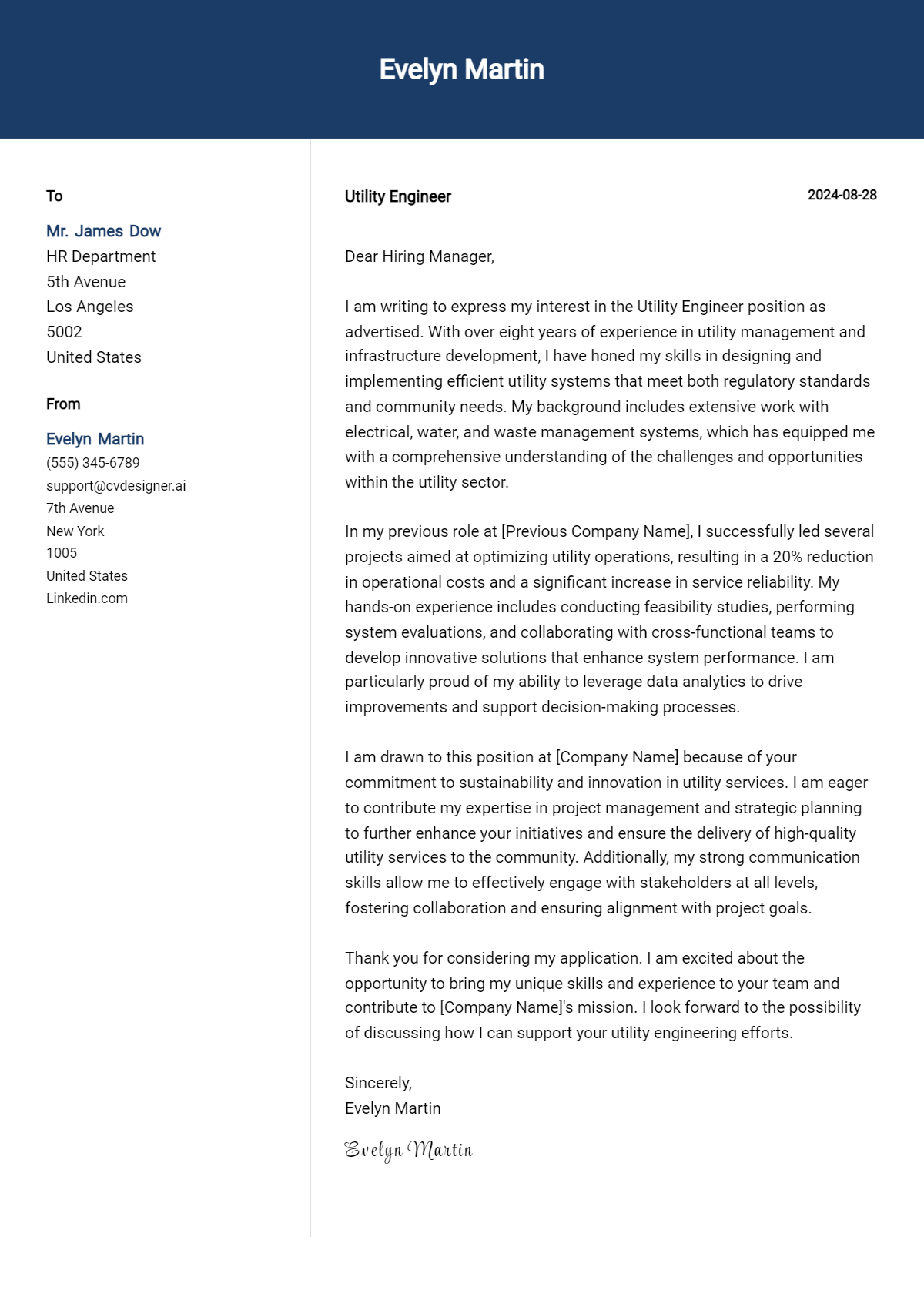 Utility Engineer Cover Letter Example for 2026: Free Templates Preview