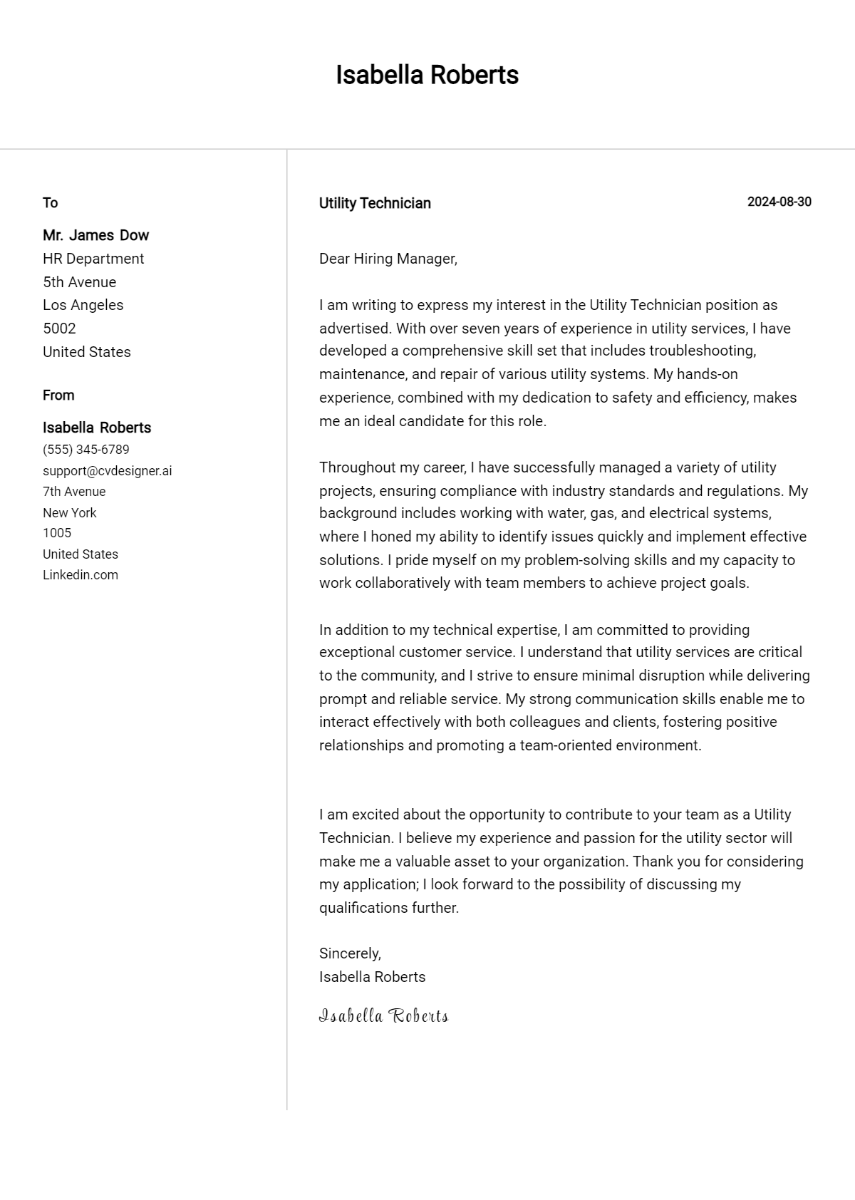 Utility Technician Cover Letter Example for 2026: Tips & Templates Preview