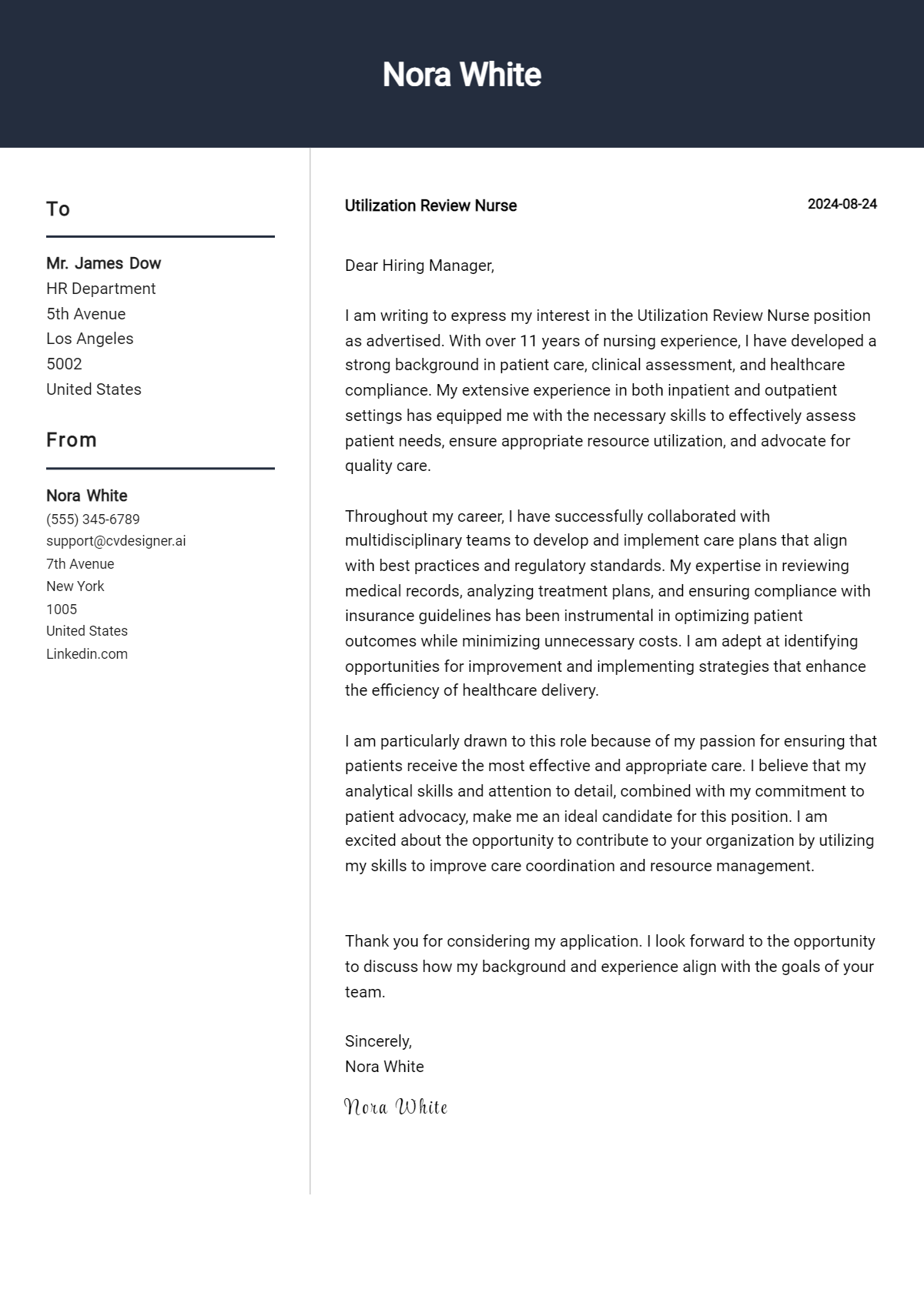 Utilization Review Nurse Cover Letter Example for 2026 (Writing Guide) Preview