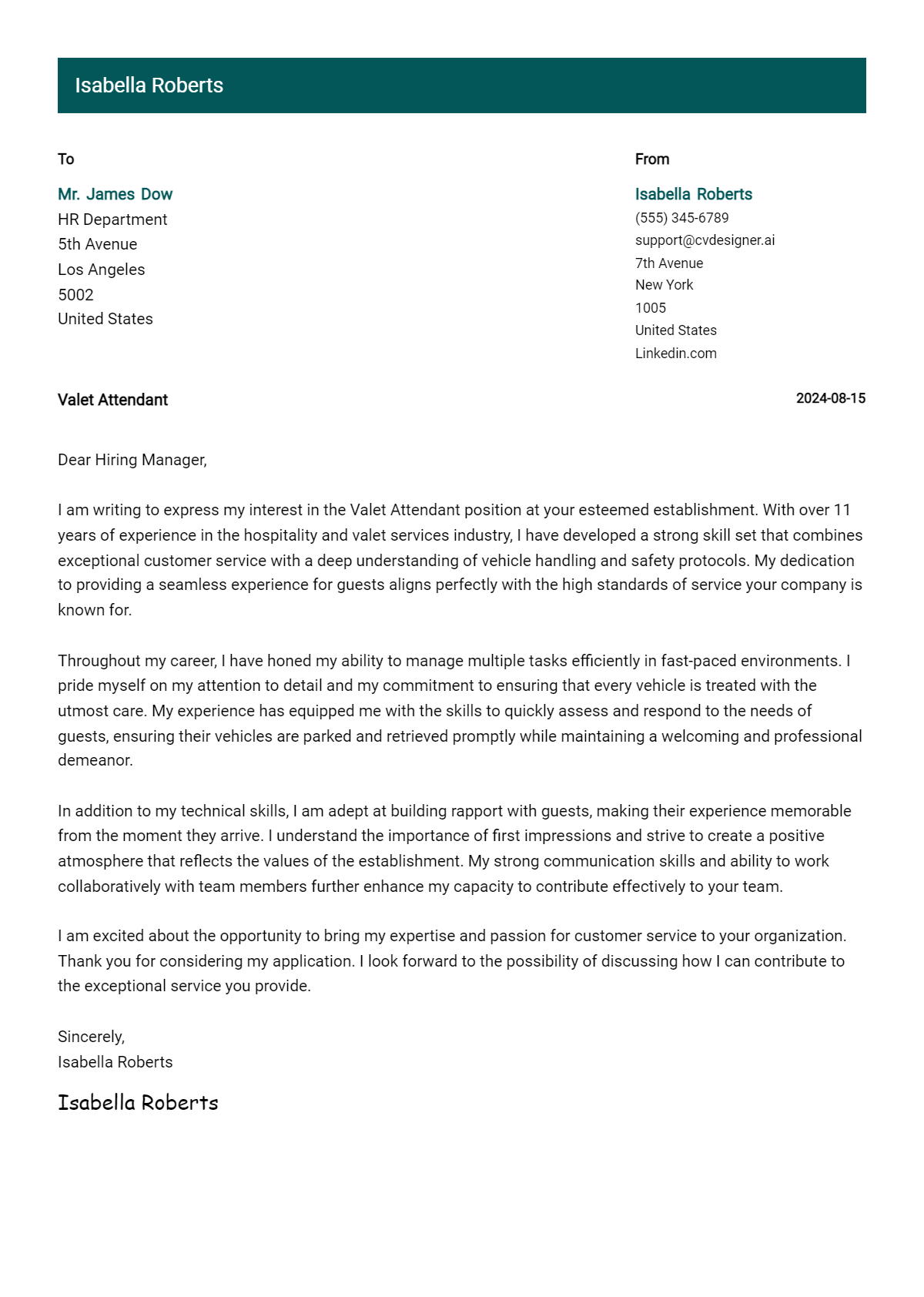 Valet Attendant Cover Letter Example for 2026 (Free Templates) Preview