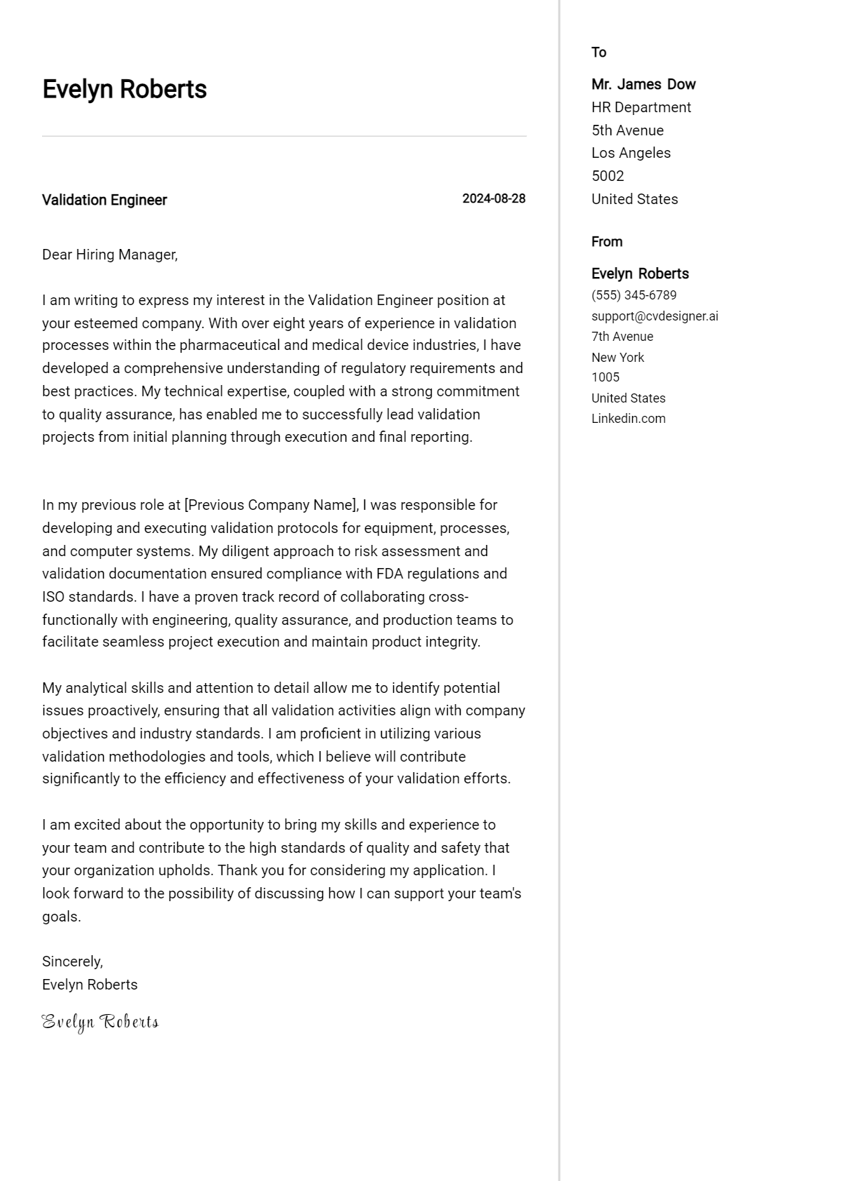 Validation Engineer Cover Letter Example for 2026 (Free Templates) Preview