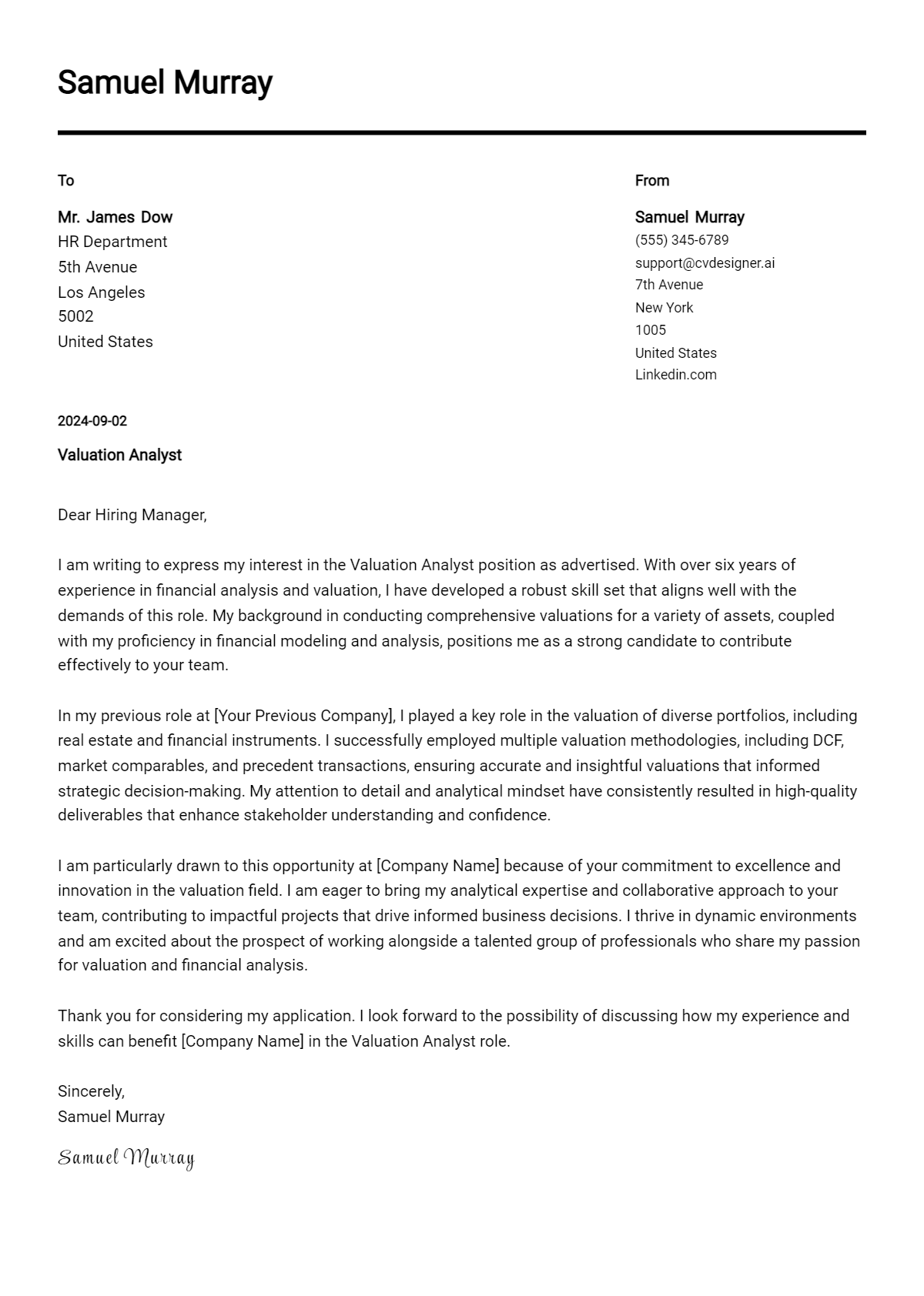 Valuation Analyst Cover Letter Example for 2026 (Download Templates) Preview