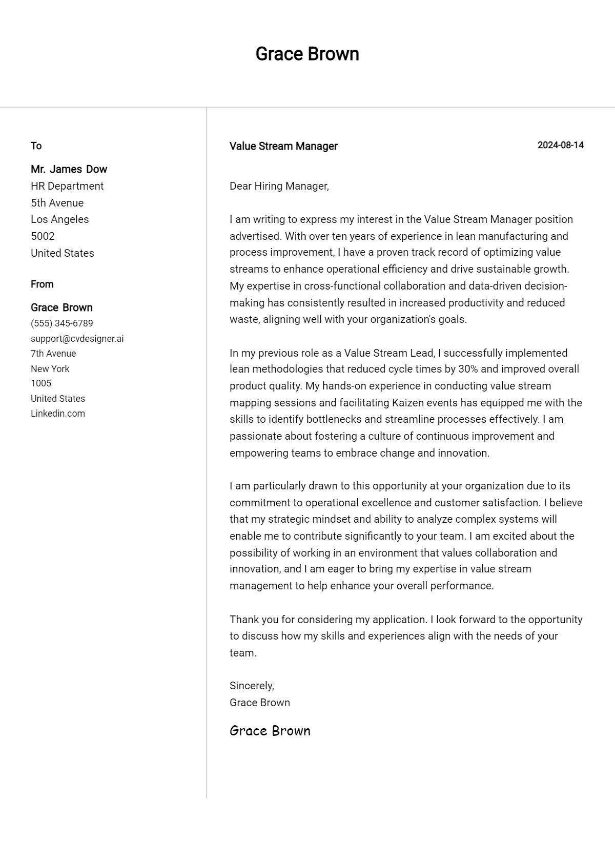 Value Stream Manager Cover Letter Examples for 2026 (Downloadable) Preview