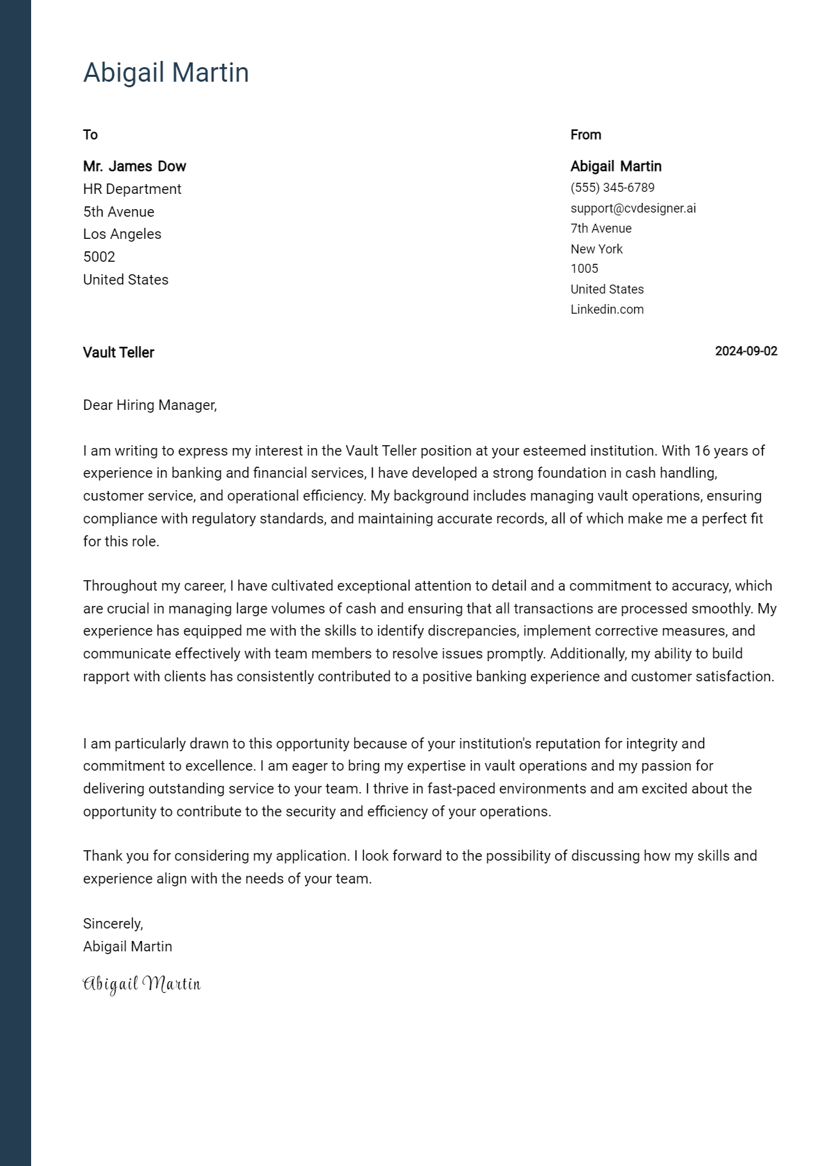 Vault Teller Cover Letter Example for 2026: Free Templates Preview
