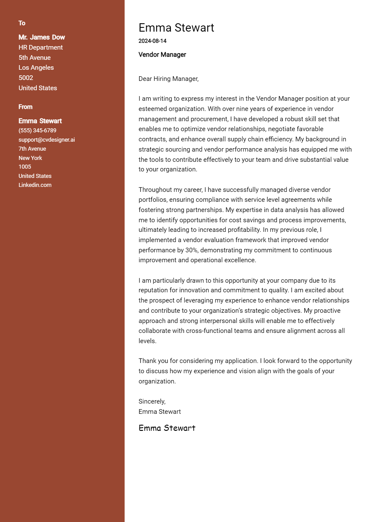 Vendor Manager Cover Letter Examples for 2026 (Downloadable) Preview