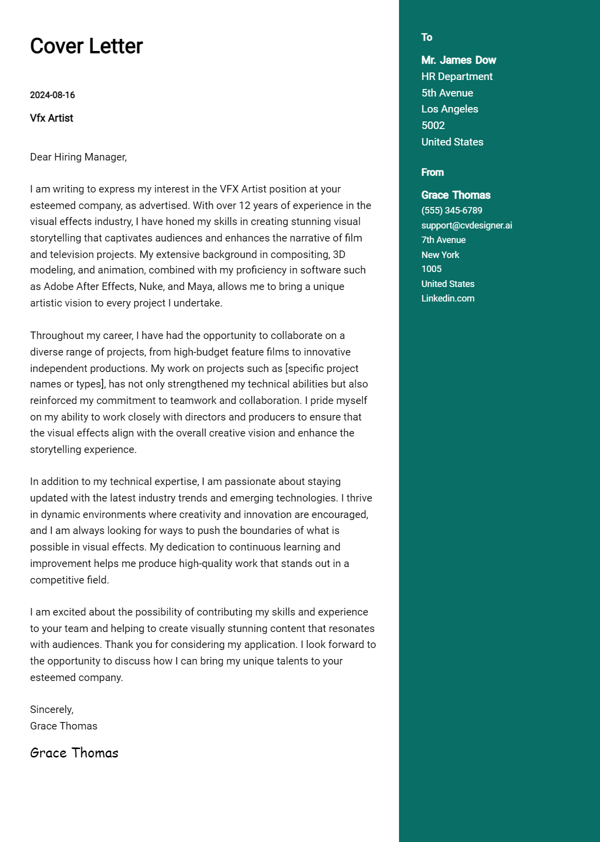 VFX Artist Cover Letter Example for 2026: Top CV Skills Preview