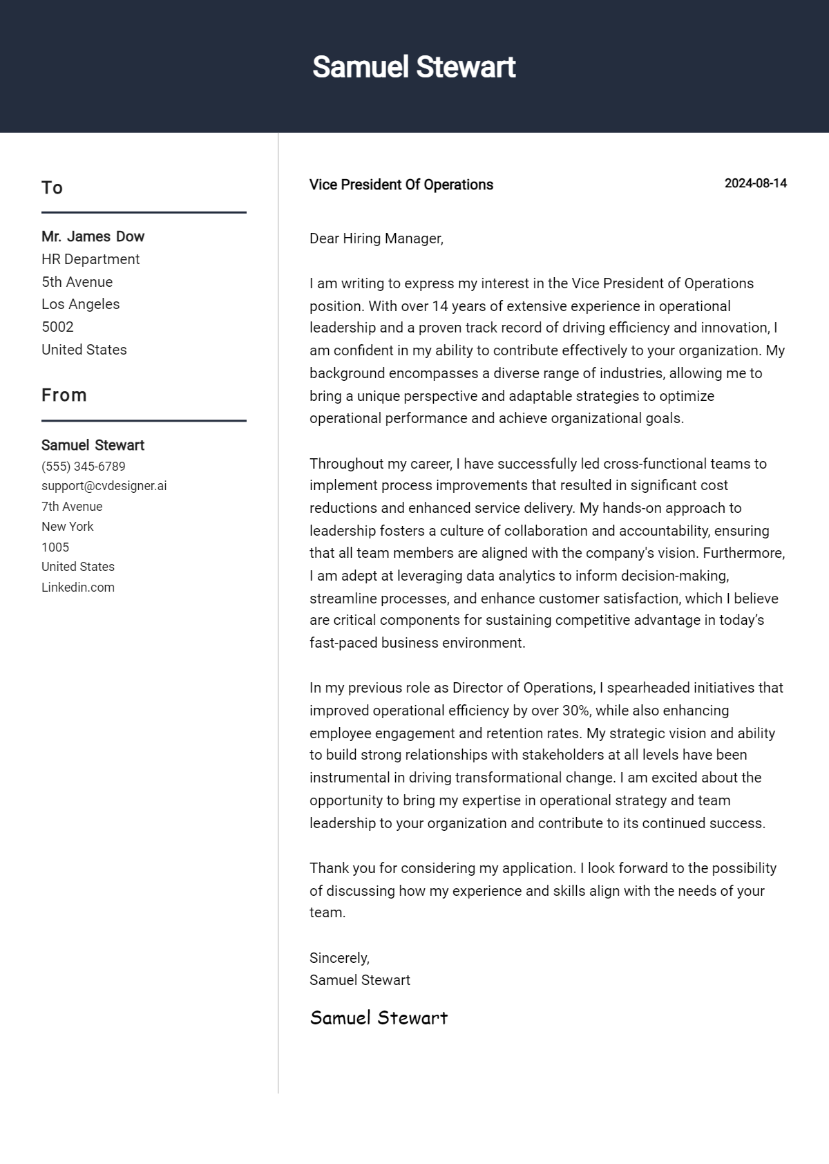 Vice President Of Operations Cover Letter Example for 2026 (Download Templates) Preview