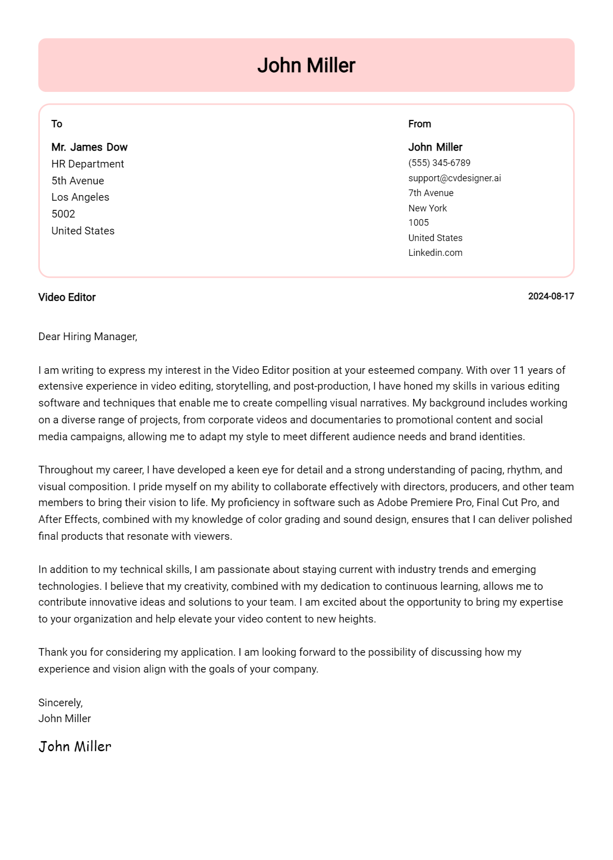 Video Editor Cover Letter Examples and Templates for 2026 Preview