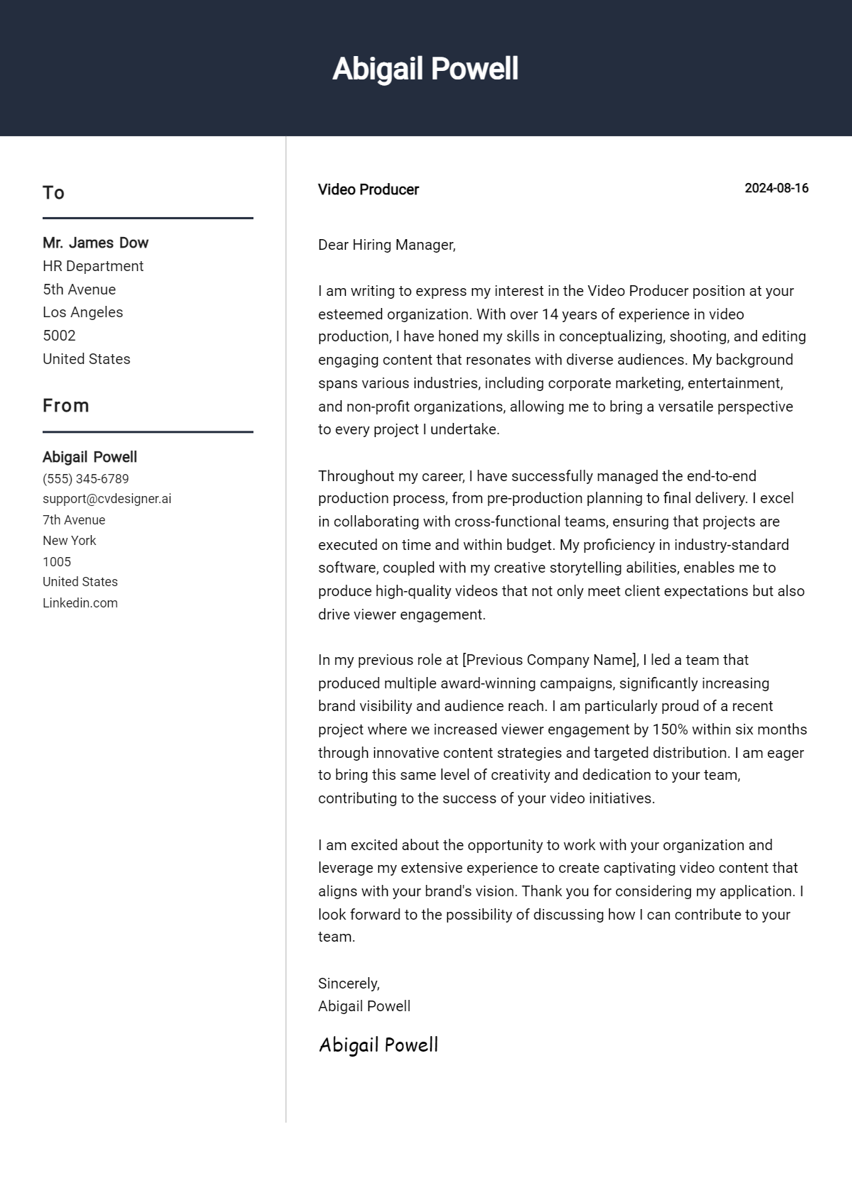 Video Producer Cover Letter Example for 2026 (Complete Writing Guide) Preview