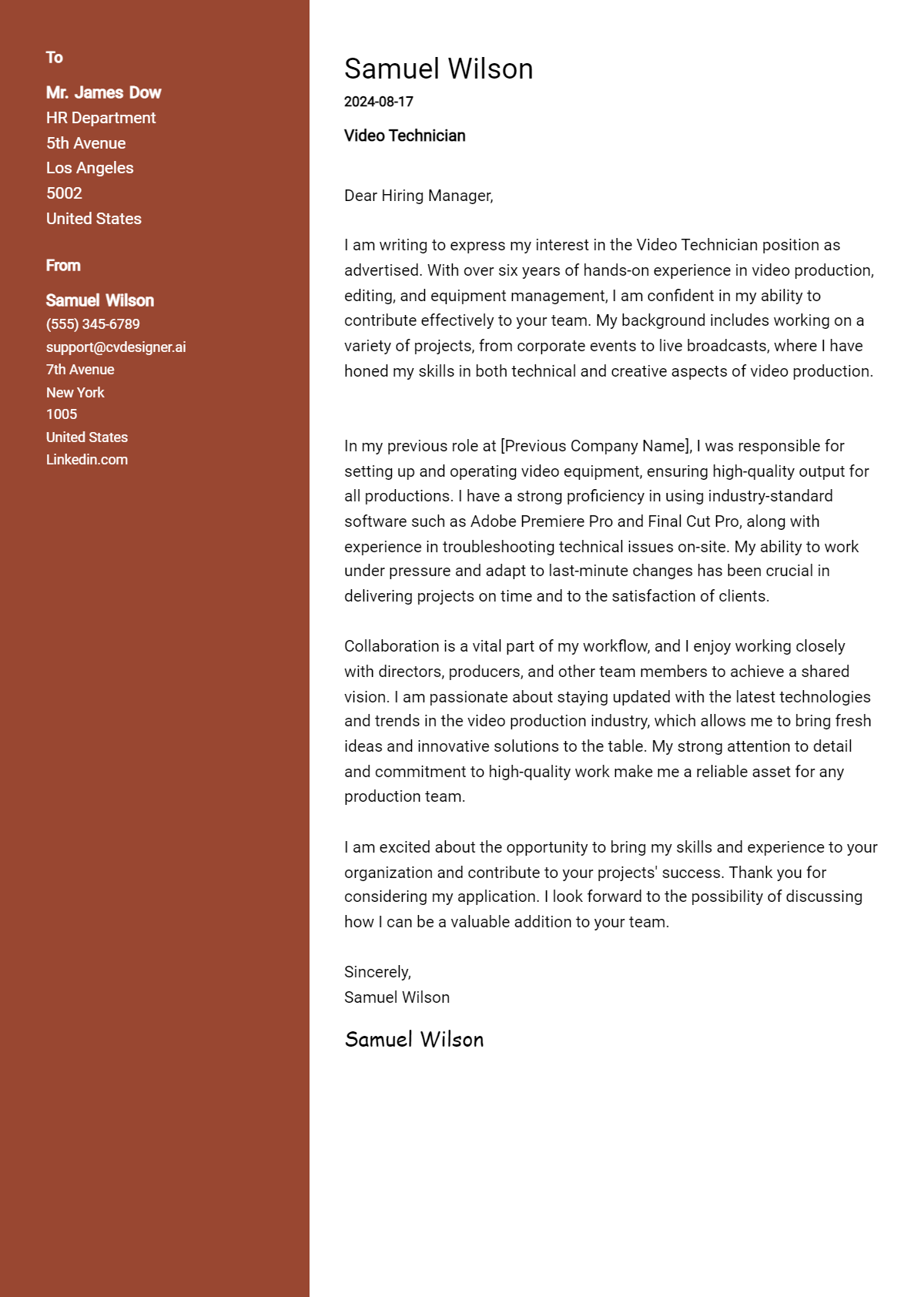 Video Technician Cover Letter Example for 2026: Expert Tips & Templates Preview