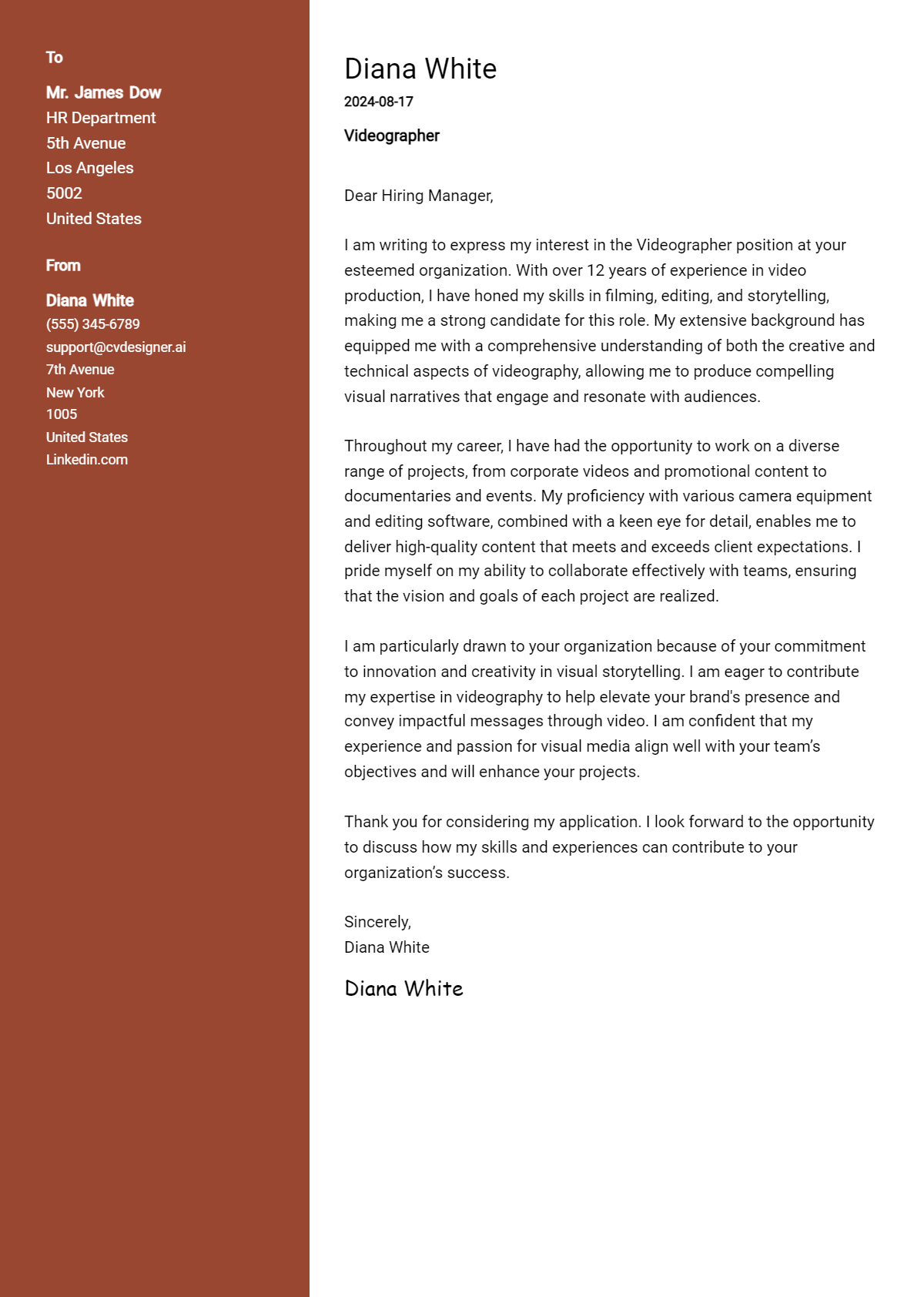 Videographer Cover Letter Example for 2026 (Writing Guide) Preview
