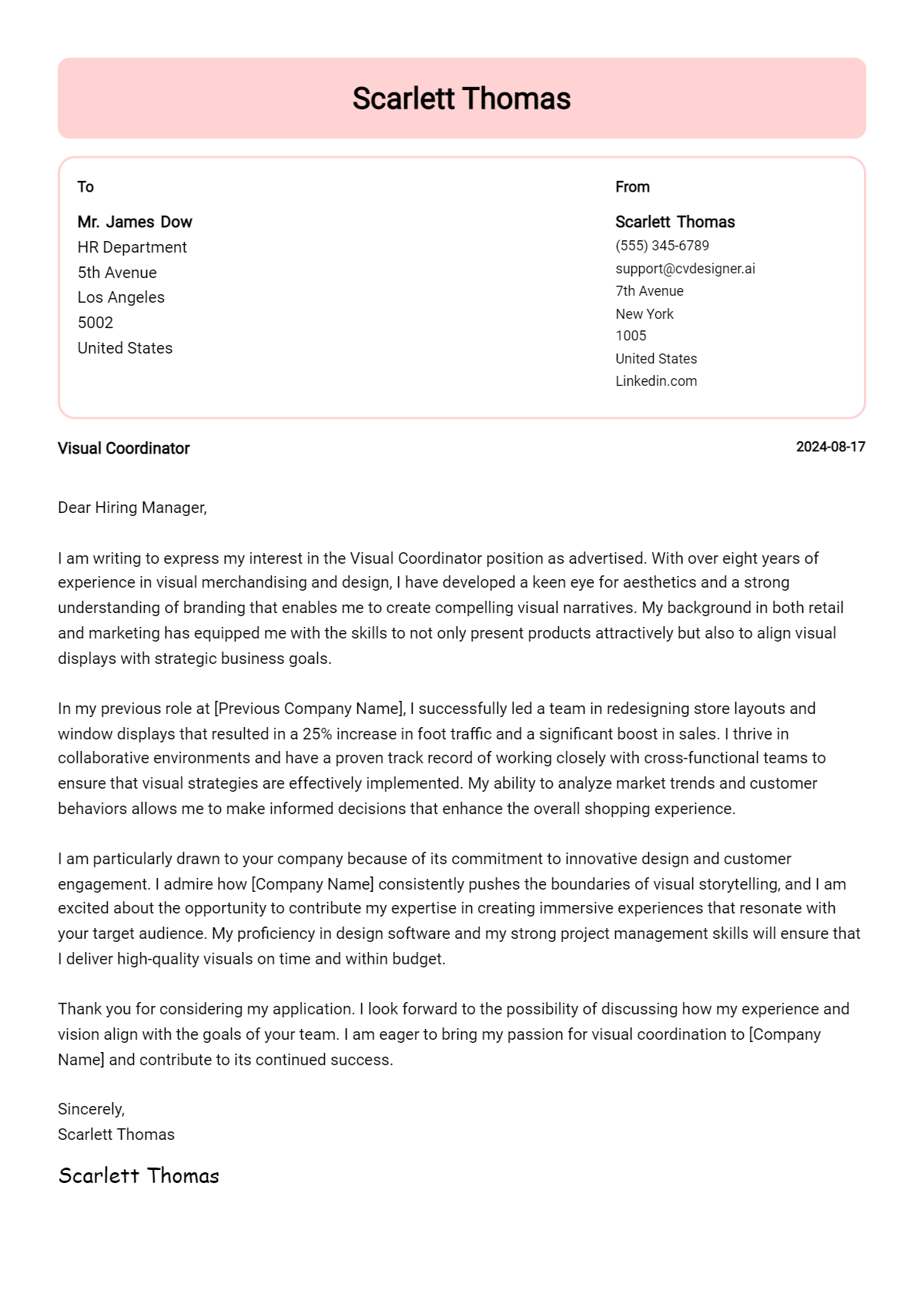 Visual Coordinator Cover Letter Example for 2026: Proven Tips Preview