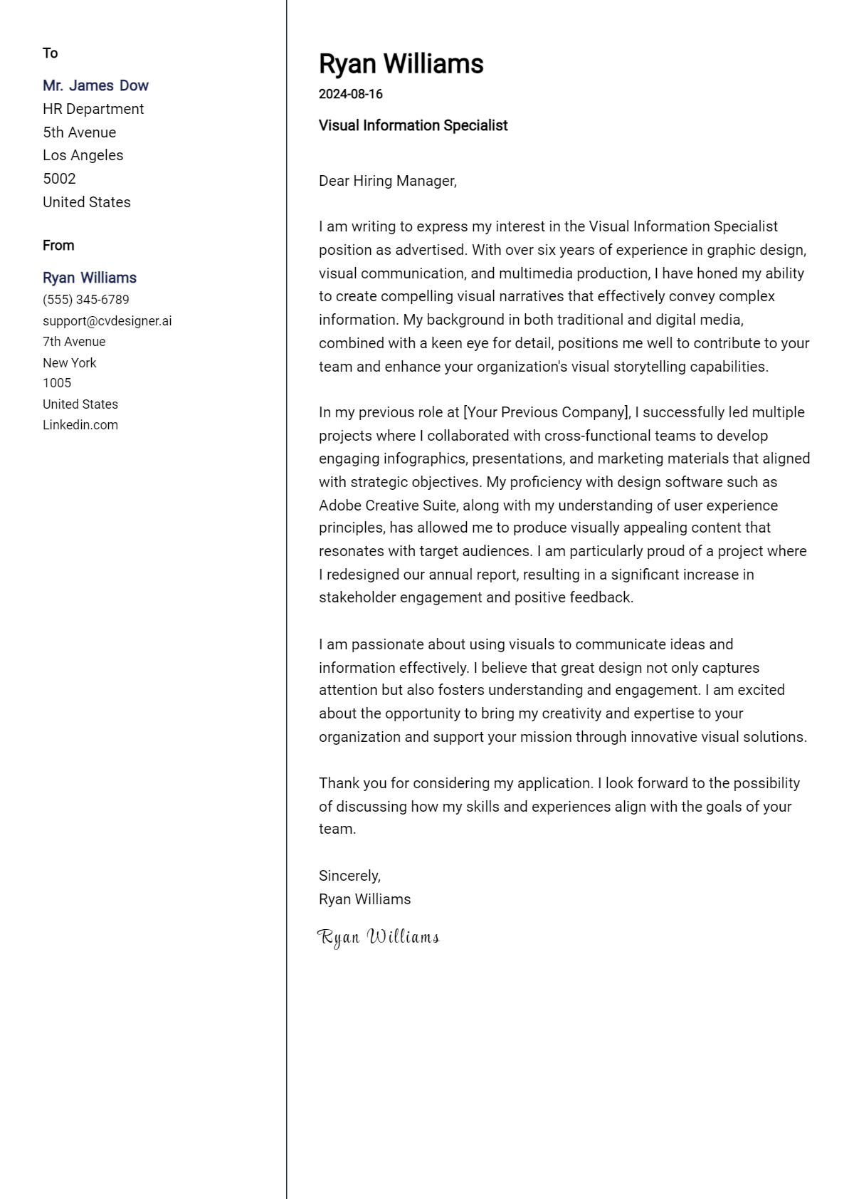 Visual Information Specialist Cover Letter Examples and Templates for 2026 Preview